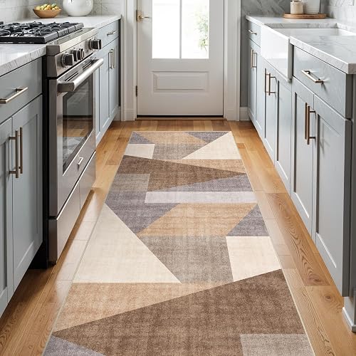 Puino 3x8 Washable Geometric Runner Rug Tan Beige