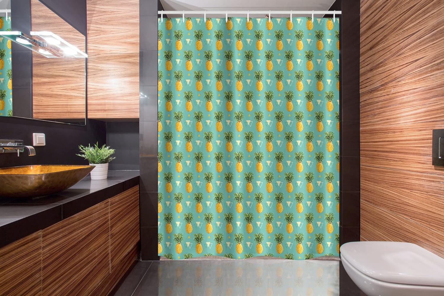 Ambesonne Pineapple Stall Shower Curtain, Geometric Hipster Design Tropical Climate Fruits Pattern Retro Summer, Fabric Bathroom Decor Set with Hooks, 54" W x 78" L, Orange Seafoam Green