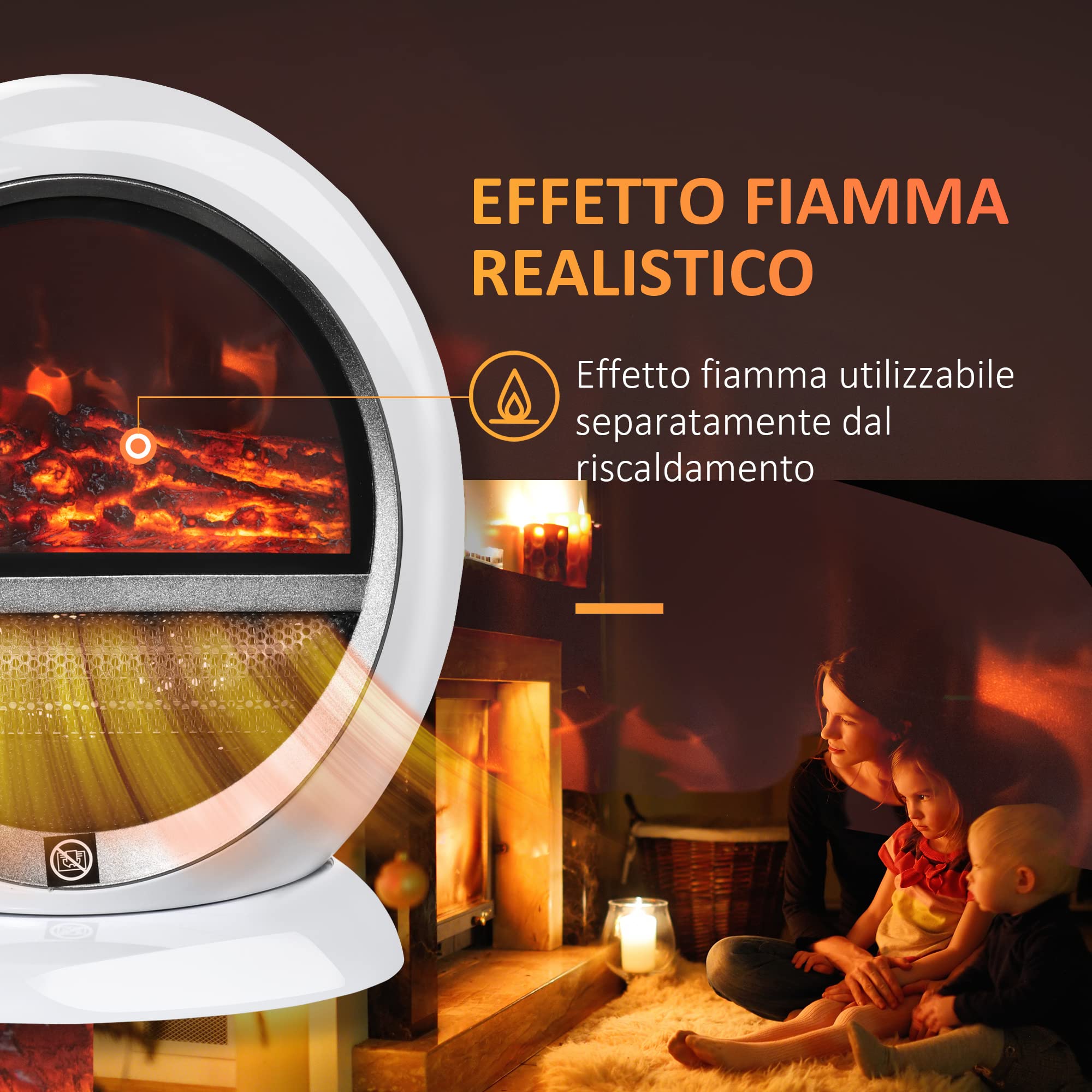 HOMCOM Camino Elettrico con Effetto Fiamma Ruotabile e Portatile, Caminetto Elettrico 1500W con Protezione da Surriscaldamento e Antiribaltamento, Copertura 10-15m², 30.5x18x35cm, Bianco