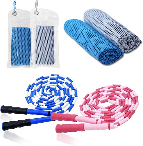 CUTPLAN 2 Kids Jump Ropes & 2 Cooling Towels Set (35"x12") - Adjustable Tangles-Free Segmented Beaded Ropes for Kids 4-12, Ideal for Yoga, Running,