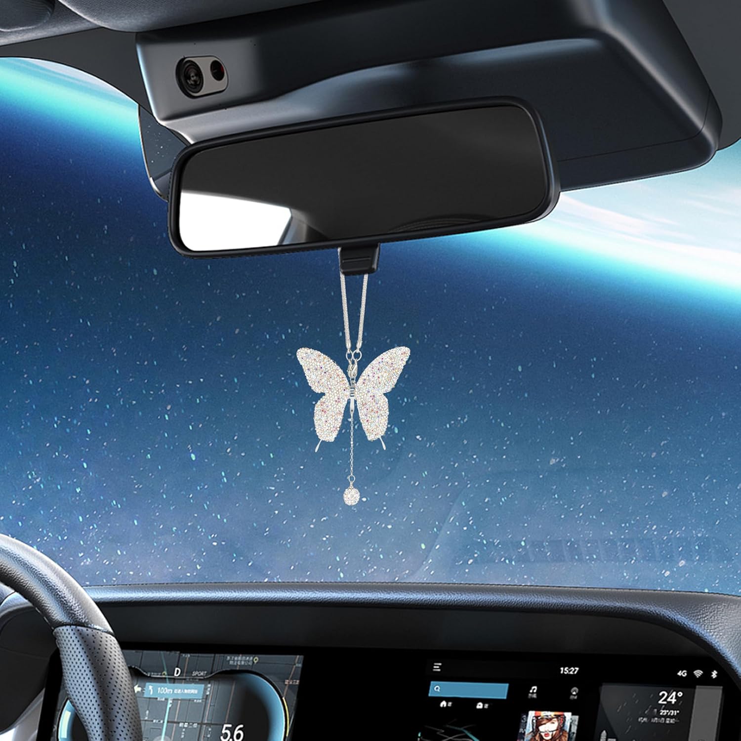 Bling Butterfly Diamond Car Accessories, Crystal Car Rear View Mirror Charms for Women, Auto Decoration Lucky Hanging Interior Crystal Ornament Pendant Decor for All Cars (AB)