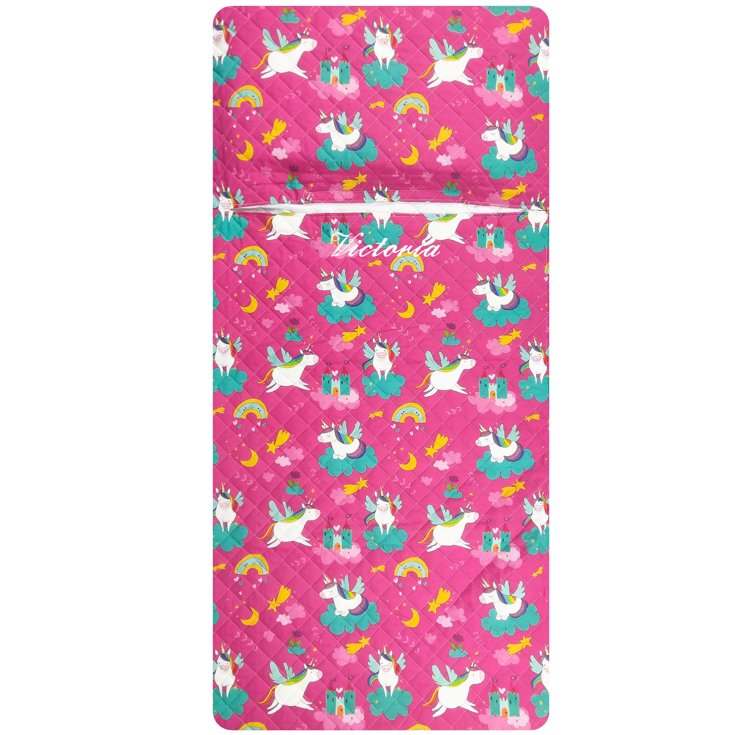 Saco de dormir bordado para niño y niña de 2 a 6 años – Tejido acolchado 100% algodón – Fabricado en Italia (saco de dormir unicornios y arcoíris)