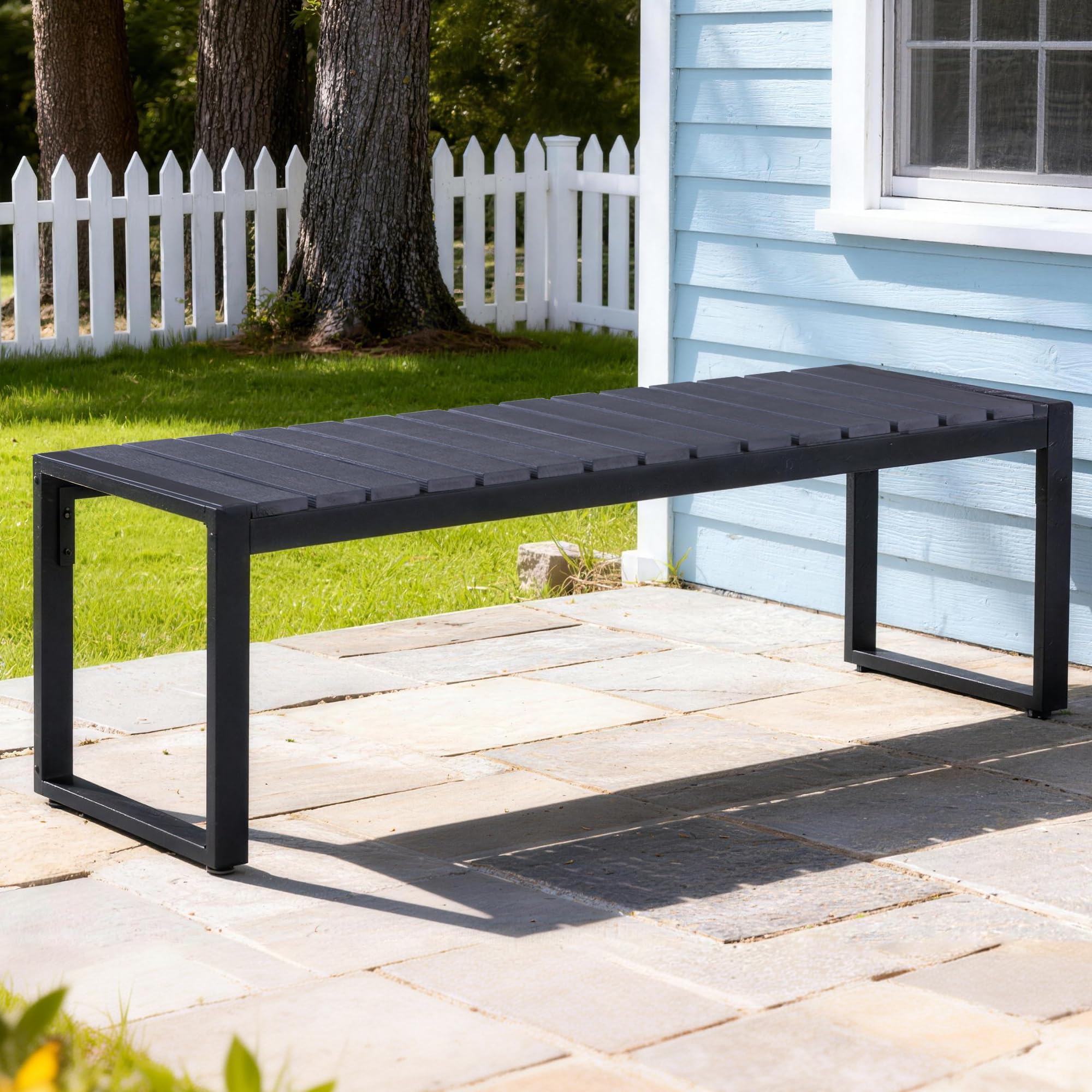 Mingone Gartenbank wetterfest, Harzbank 2-Sitzer 120 x 40 x 45 cm (Schwarz) | Bank Outdoor , Gartenbank Holz & Metall, Balkon Bank für Garten Balkon & Flur,Sitzbank 200 kg