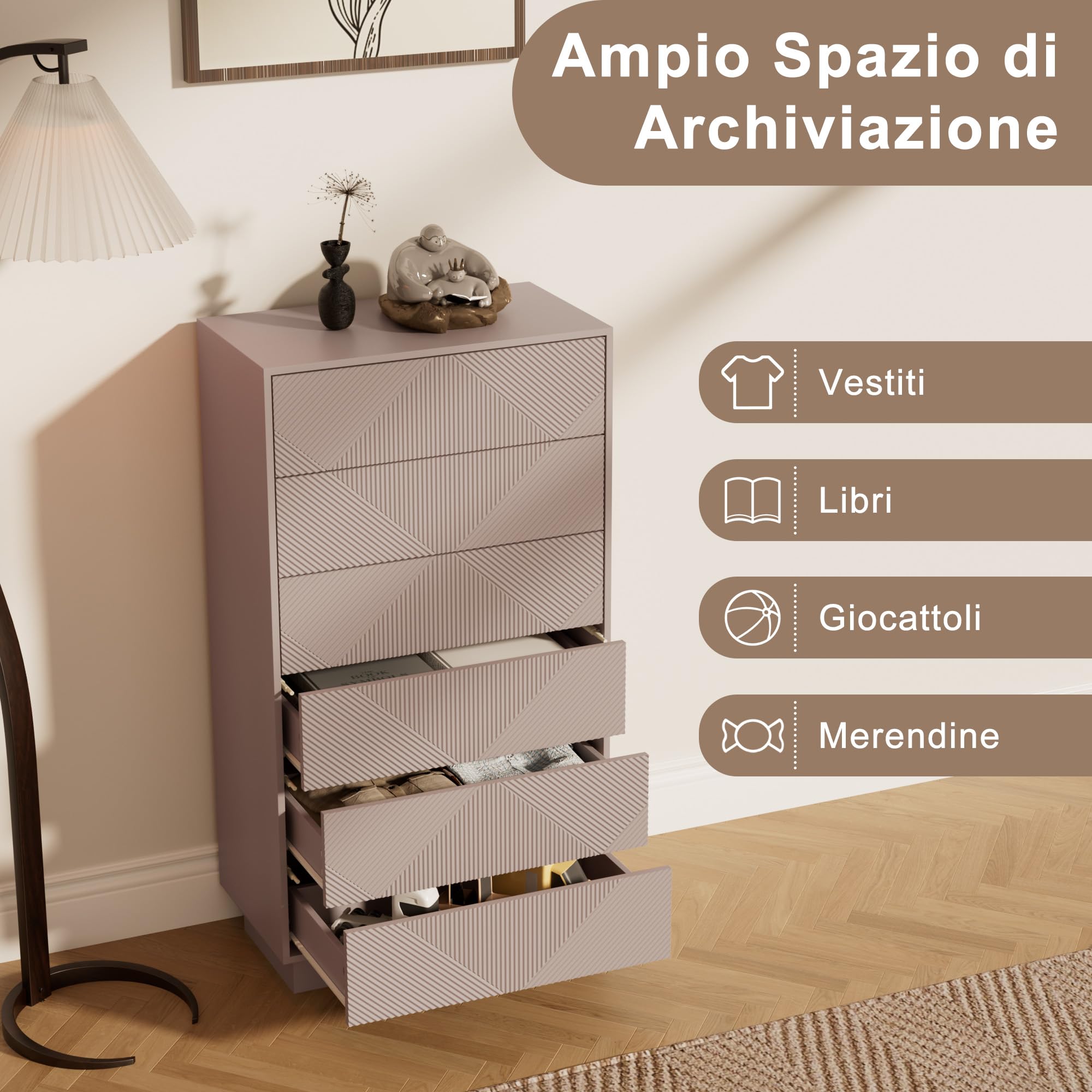 UEV Cassettiera a 6 Cassetti con Motivo a Rombi, Settiminio Spazioso per Archiviazione, Comò Stabile e Durevole per Soggiorno, Camera da letto, Corridoio, 60 x 33,5 x 111 cm, Beige Mocca | Credenza con cassetti Push to Open, armadio multiuso per soggiorno