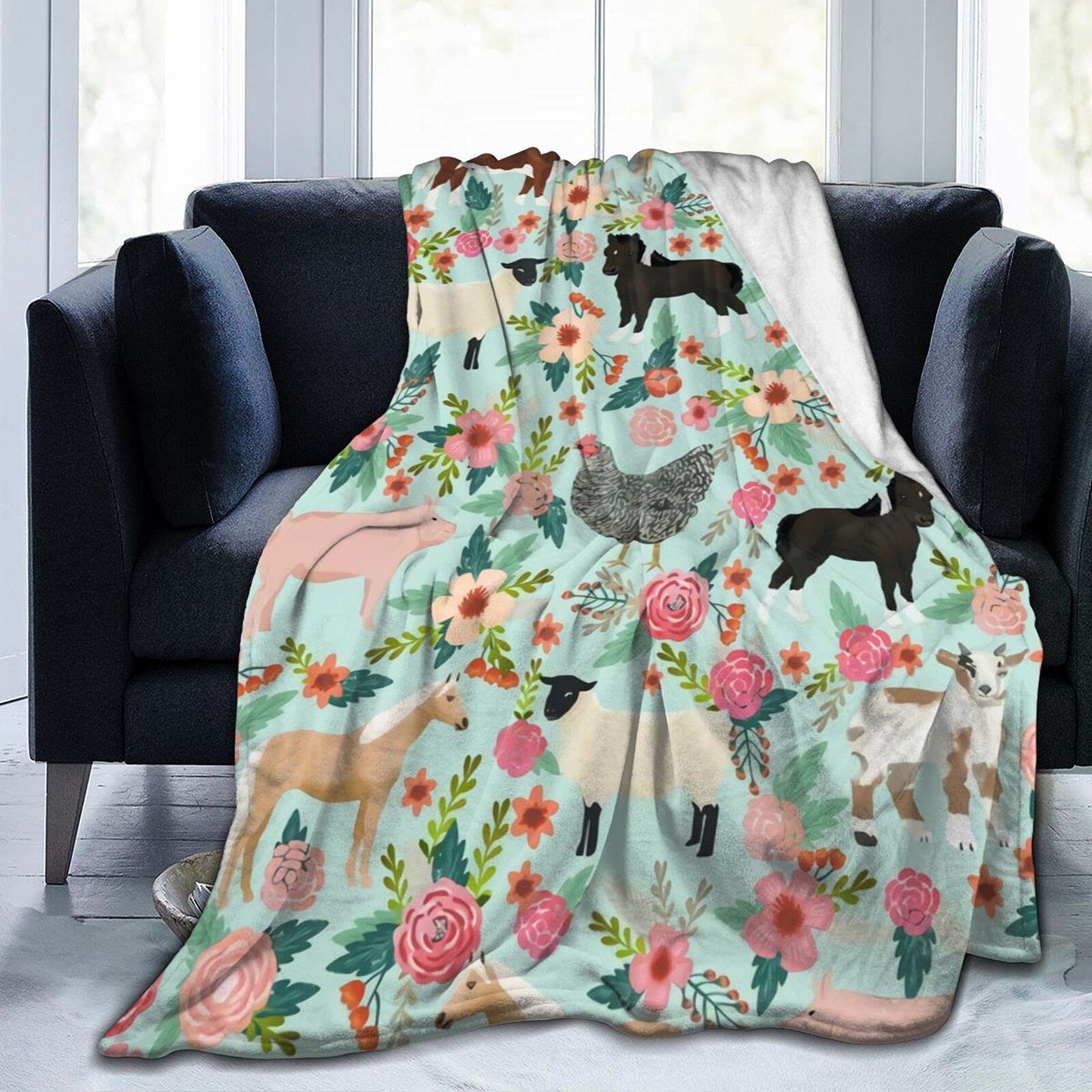 Knsoiv Cute Flannel Fleece Throw Blanket, Farm Animal Sanctuary Pig Chicken Cows Horses Sheep Floral Blankets for All Seasons, Warm Air Conditioning
