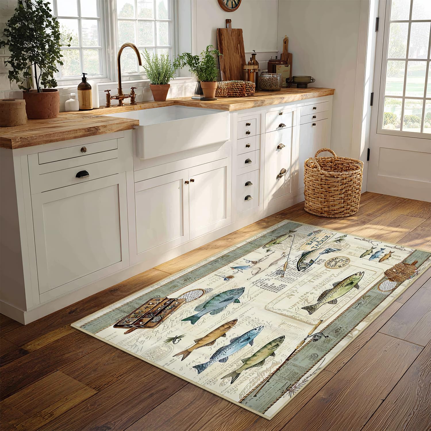 Fishing Living Room Rug 3x5 Cabin Modern Area Rugs, Machine Washable Rug for Bedroom, Low Pile Soft Large Carpet for Dining Room Office Non Slip