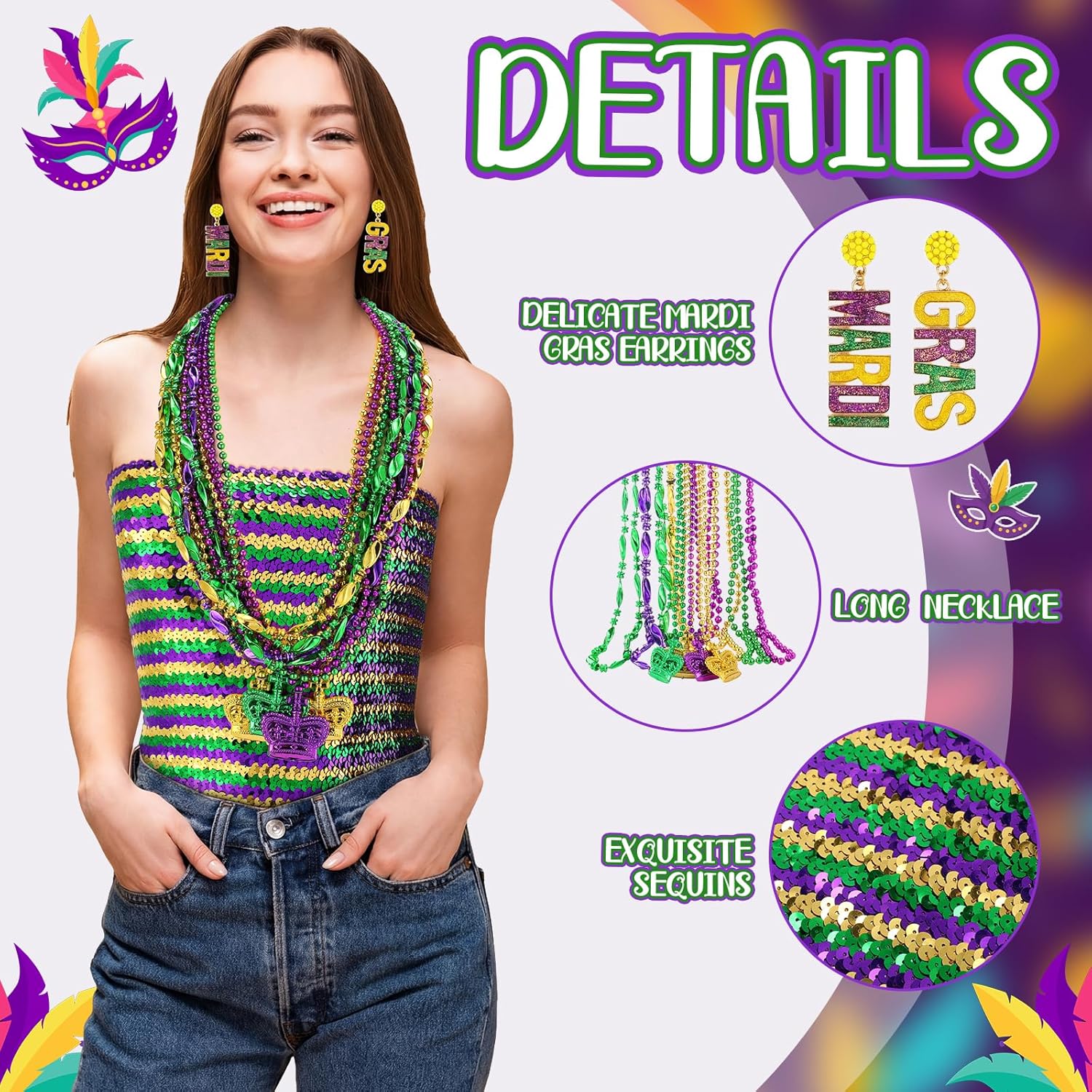 Civaner 16 Pcs Mardi Gras Costume Accessory Outfit Set for Women Include 1 Sequin Tube Top 14 Pcs Mardi Gras Beads Necklaces and 1 Pairs Earrings for Carnival Parades Party Favor Women - Image 4