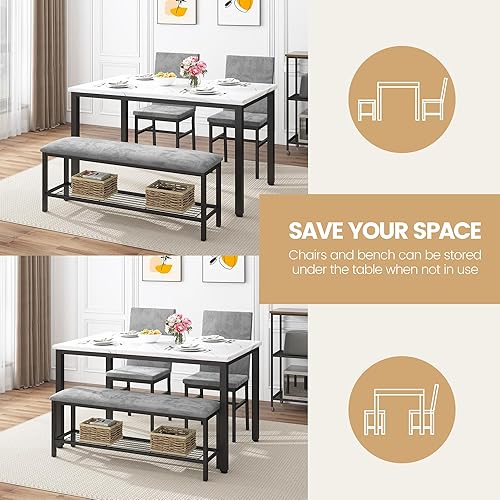 Miniatura 5 de Juego de mesa de comedor para 4, mesa de cocina de mármol sintético, juego de sillas de mesa de cocina con sillas de terciopelo, banco con red de