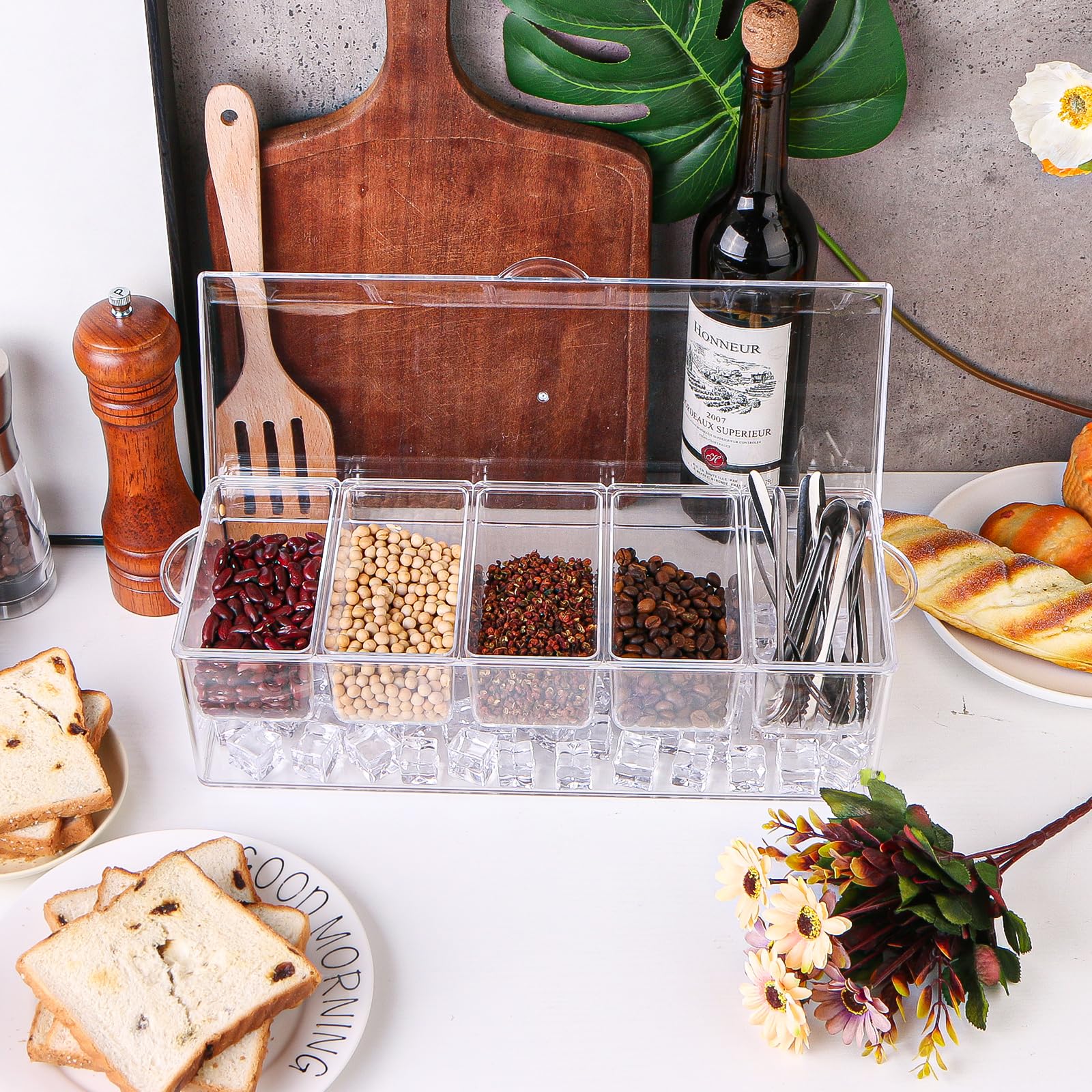 Servidor de condimentos de 5 compartimentos, recipientes de condimentos refrigerados con hielo con tapa con bisagras, organizador refrigerado con 5 platos extraíbles y 15 pinzas de servir de