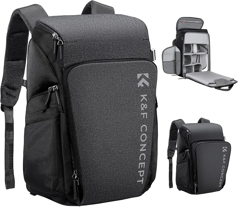 Mochila para cámara K&F CONCEPT, bolsa para cámara expandible de 22 L con cubierta para lluvia | con soporte para trípode y compartimento para computadora portátil de 15,6 pulgadas, acceso rápido y resistente al agua para Canon/Nikon/Sony/DJI/DSLR sin espejo, B06