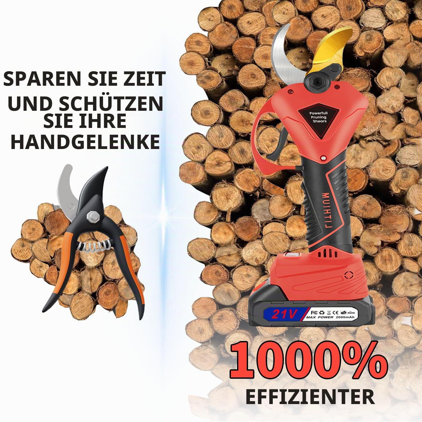 Akku Astschere, 800W Akku Gartenschere, 50mm Extra Starke Schneidleistung, Ausgestattet mit 21V 2 * 2Ah Lithium-Batterien, Geräuscharm, Geeignet zum Schneiden Dicker Äste, Hecken und Gärten