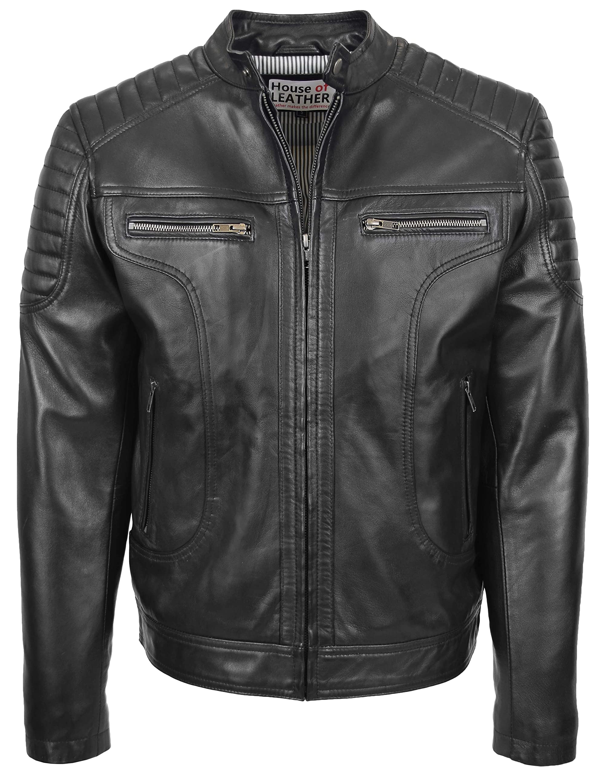 House Of Leather Men's Black Real Leather Biker Jacket Cafe Racer Style Eddie (3Xl, )