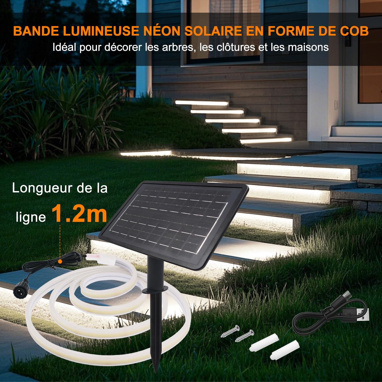 Bandes Led Solaires 24V Pour Extérieur, Haute Luminosité Néon Avec 320 Led/m, 8 Modes, Étanche, Batterie 7200mah, Parfait Pour Jardin, Cour Et Balcon (Blanc (6000-6500K), 6M)