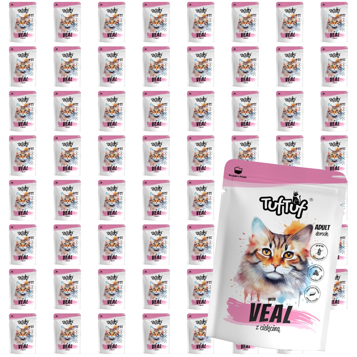 TufTuf Natürliches Nassfutter für Katzen,Katzefutter Nass, Kalb, 60 x 100 g | Kalb, Pouches, getreidearme Rezeptur, hoher Fleischanteil, 60 x 100 g