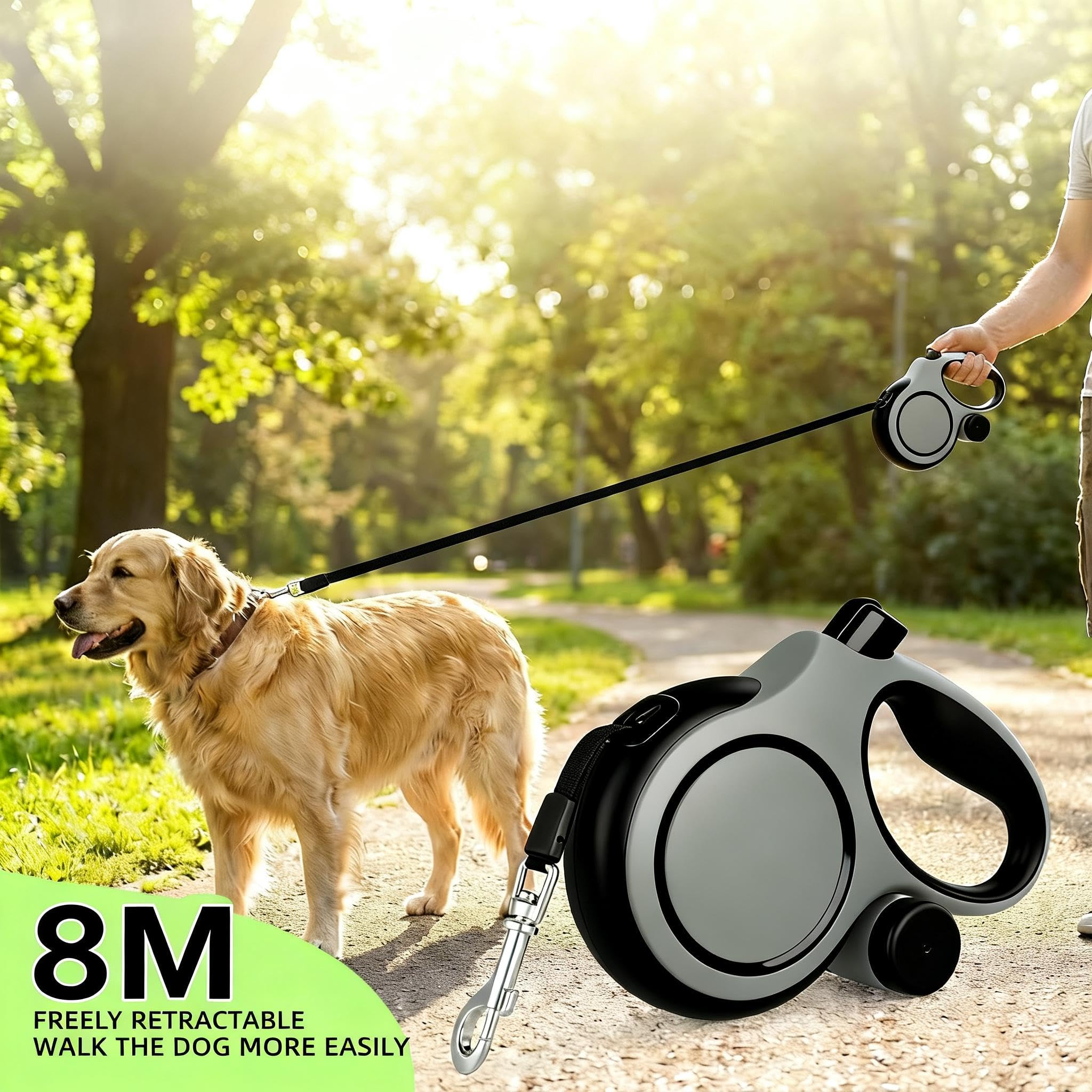 Angel Living Correa Retráctil para Perros de 8 m, con Botón de Bloqueo y Bolsa para Recoger los Excrementos, Antitorsión de 360°, Muy Resistente (hasta 50 kg)