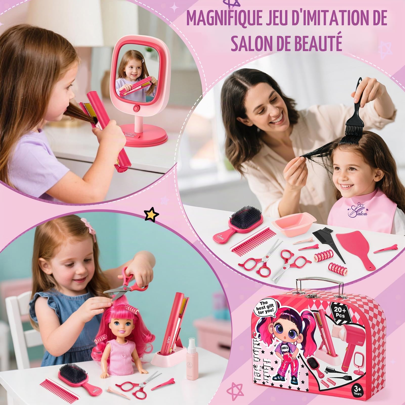 Toylink Coiffure et Maquillage Enfant Fille, Jouet avec Sèche-Cheveux, Lisseur, Miroir, Peigne, Ciseaux et Malette, Accessoires de Coiffure Beauté Cadeau pour Fille 3 4 5 6 7 8 Ans