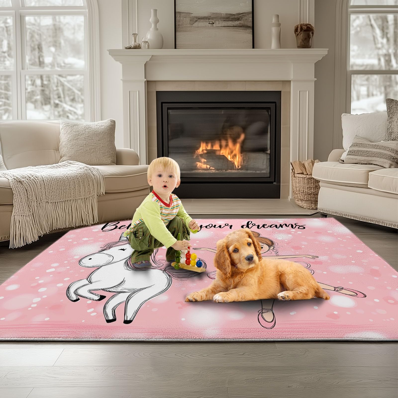 Waschbarer Rutschfester Teppich 80 x 150cm, Süße Ballerina Mädchen und Einhorn, Leichte und Flauschig Matte, Strapazierfähig für Flur, Eingangsbereich, Wohnzimmer Kinderzimmer Teppiche Gegend