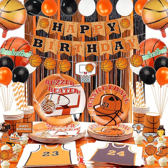 Basketball Party Decorations - Including Happy Birthday Banner, Tablecloth, Balloons, Plates, Foil Curtains, Cups, Napkins for Kids and Adult Basketball Birthday Party Supplies, Serves 20 Guest