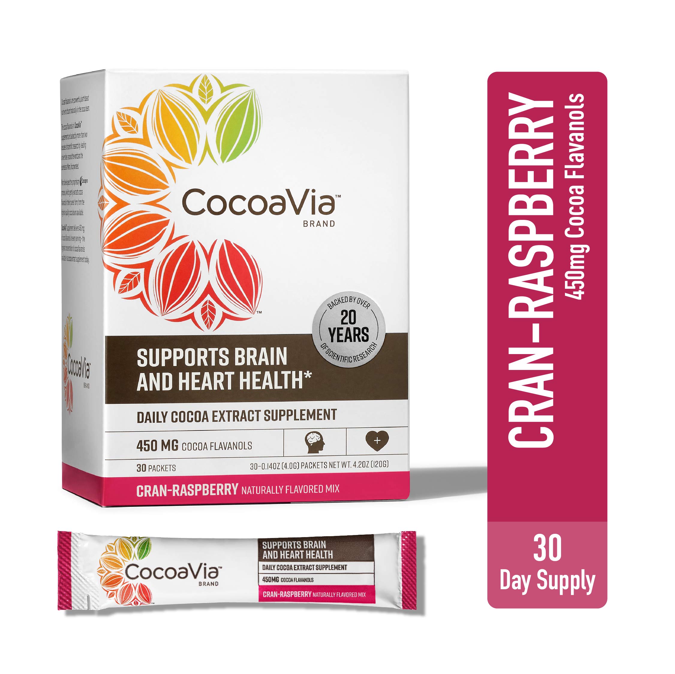 Buy CocoaVia Heart & Brain Supplement, CranRaspberry Flavor, Drink Mix