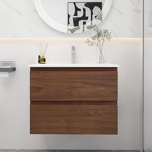 SSLine Tocador de baño de madera de 24 pulgadas con fregadero montado en la pared, juego de tocador de baño pequeño con lavabo superior y armario de