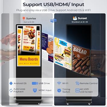 55 Inch Digital Signage Display, LCD Screen Digital Kiosks & Interactive Displays 4K Totem Floor Standing Auto AD Player with USB/HDMI/WiFi Android OS
