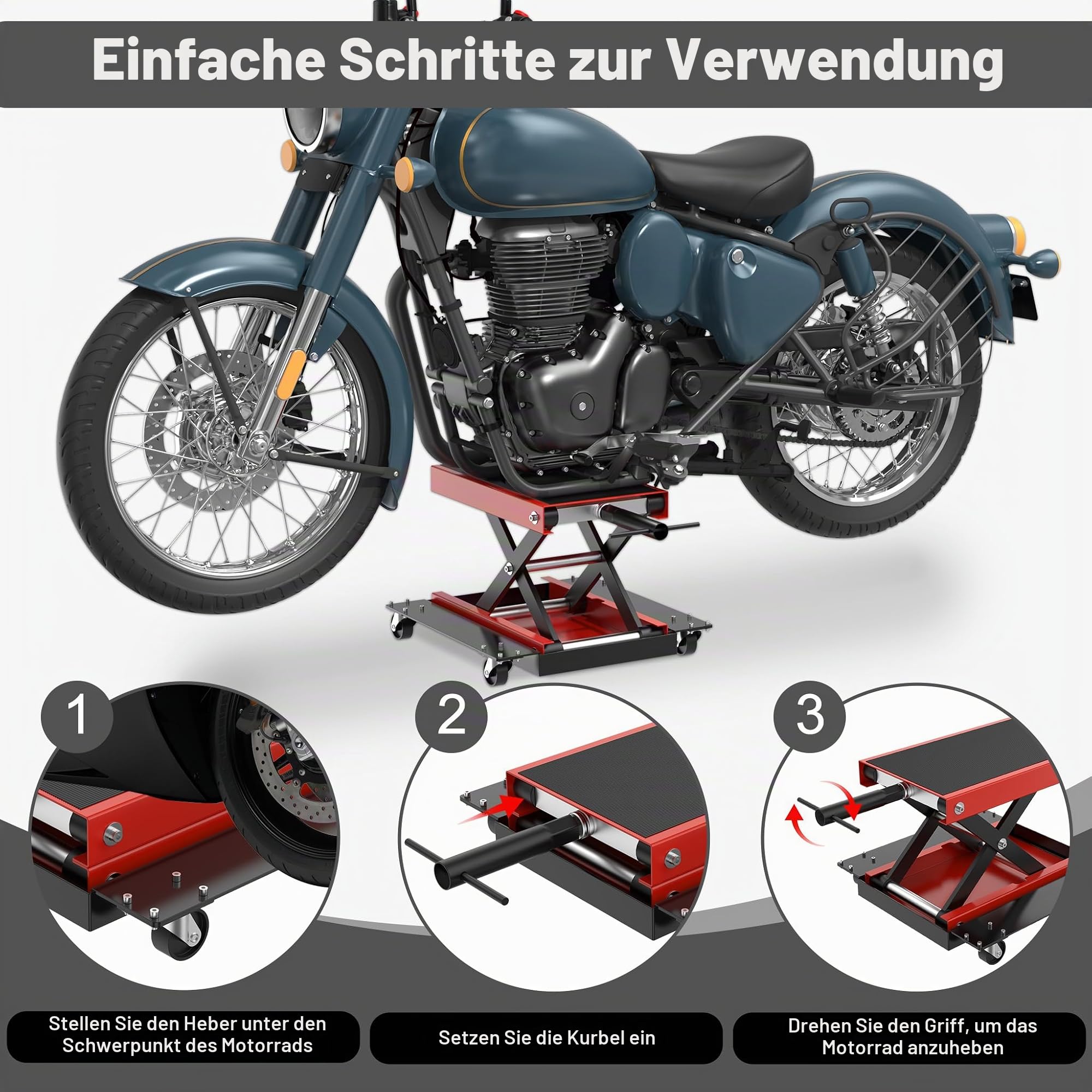 UISEBRT Rangierhilfe Motorradheber mit Rollen, höhenverstellbar bis 500 kg, Motorradhebebühne für Reparaturen von Motorrädern, ATVs & Quads, Einsatz in Garage