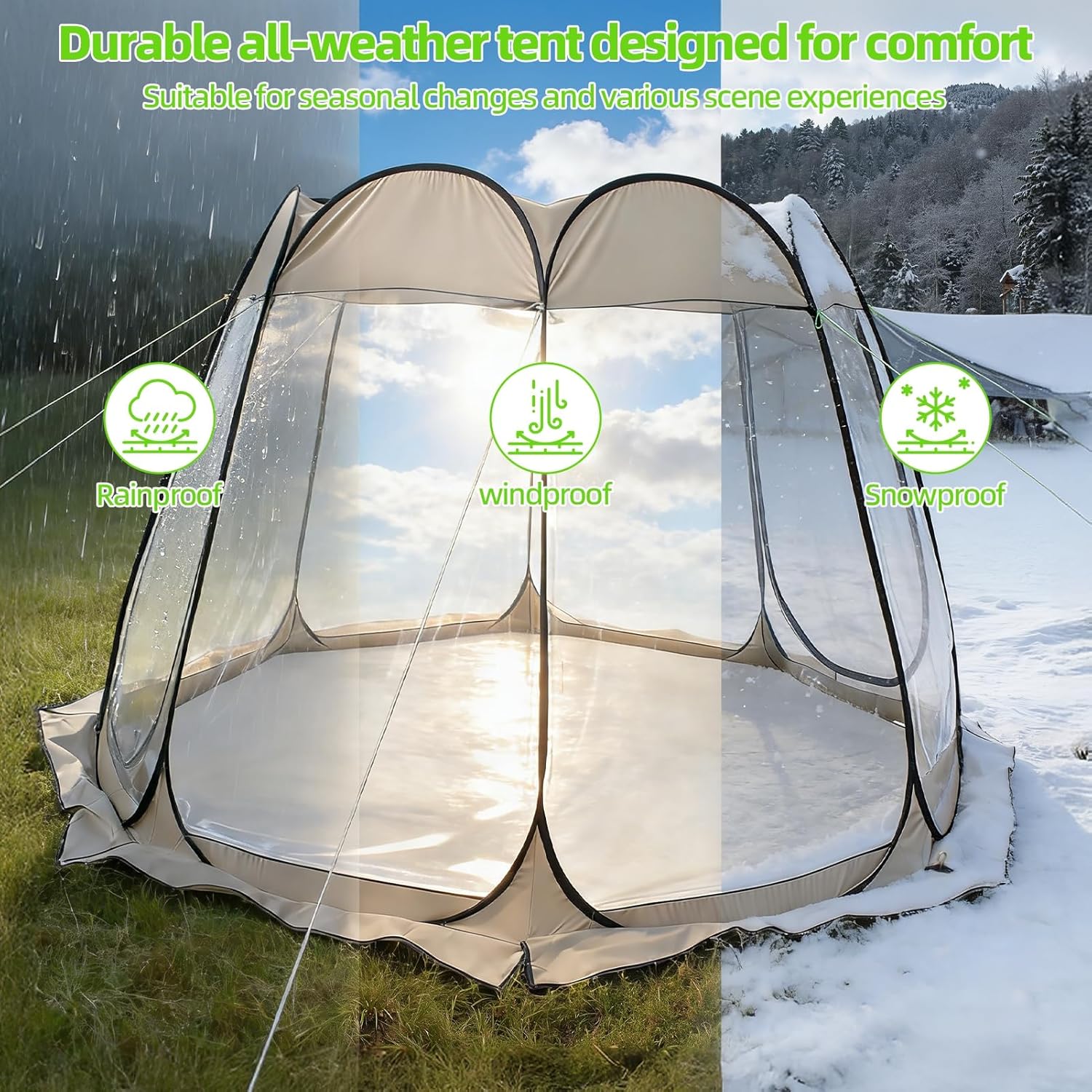 Pop up Bubble Tent, Large Camping Shelter, Clear Dome Tent with Waterproof Roof & Vent Windows, Weather Tents for Camping Sports Patio Outdoor Garden Party Khaki