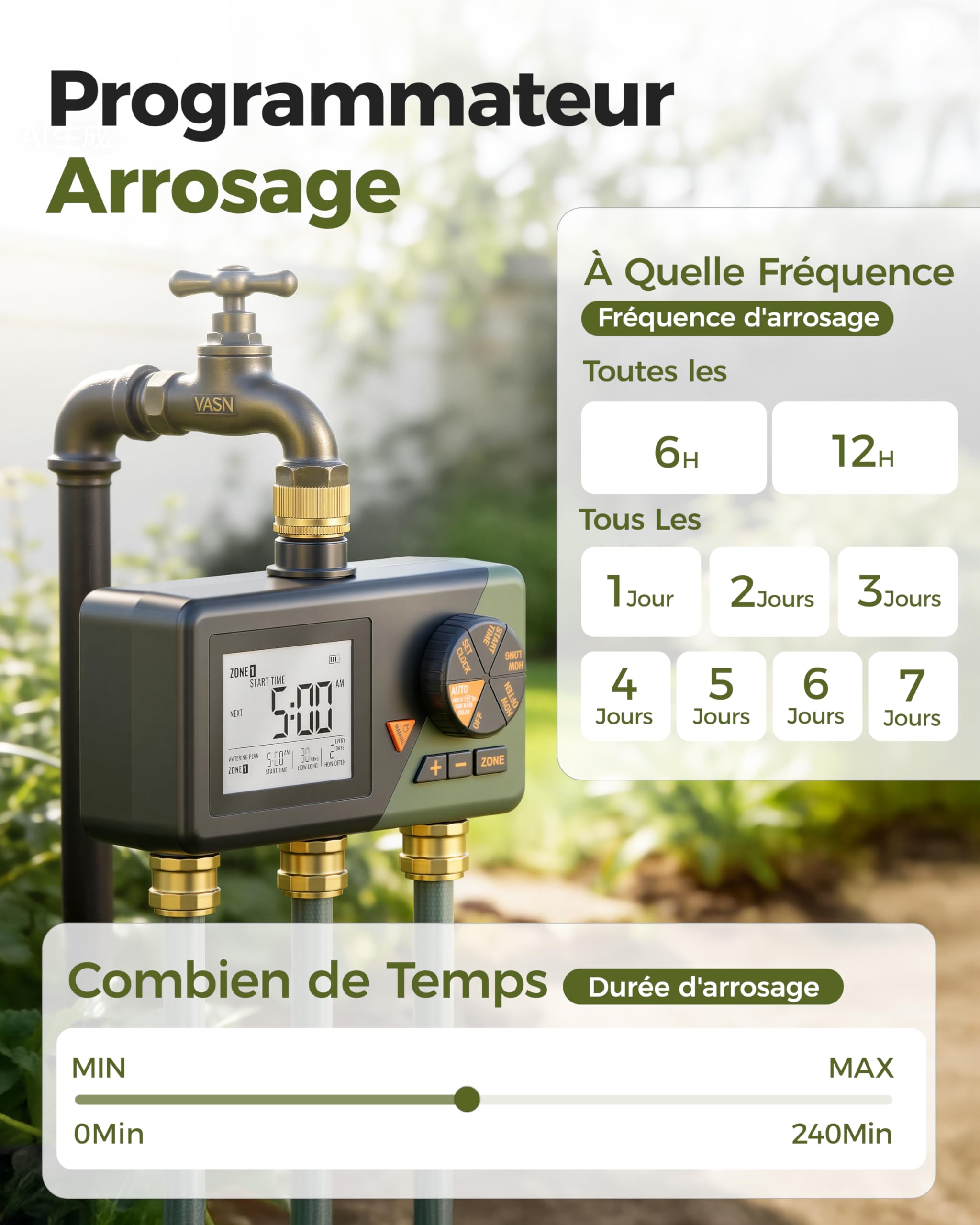 Diivoo Programmateur Arrosage Automatique 3 Voies avec Entrée en Laiton | Grand Écran LCD, Retard de Pluie, Arrosage Manuel/ Automatique, Convient pour Jardin, Pelouse