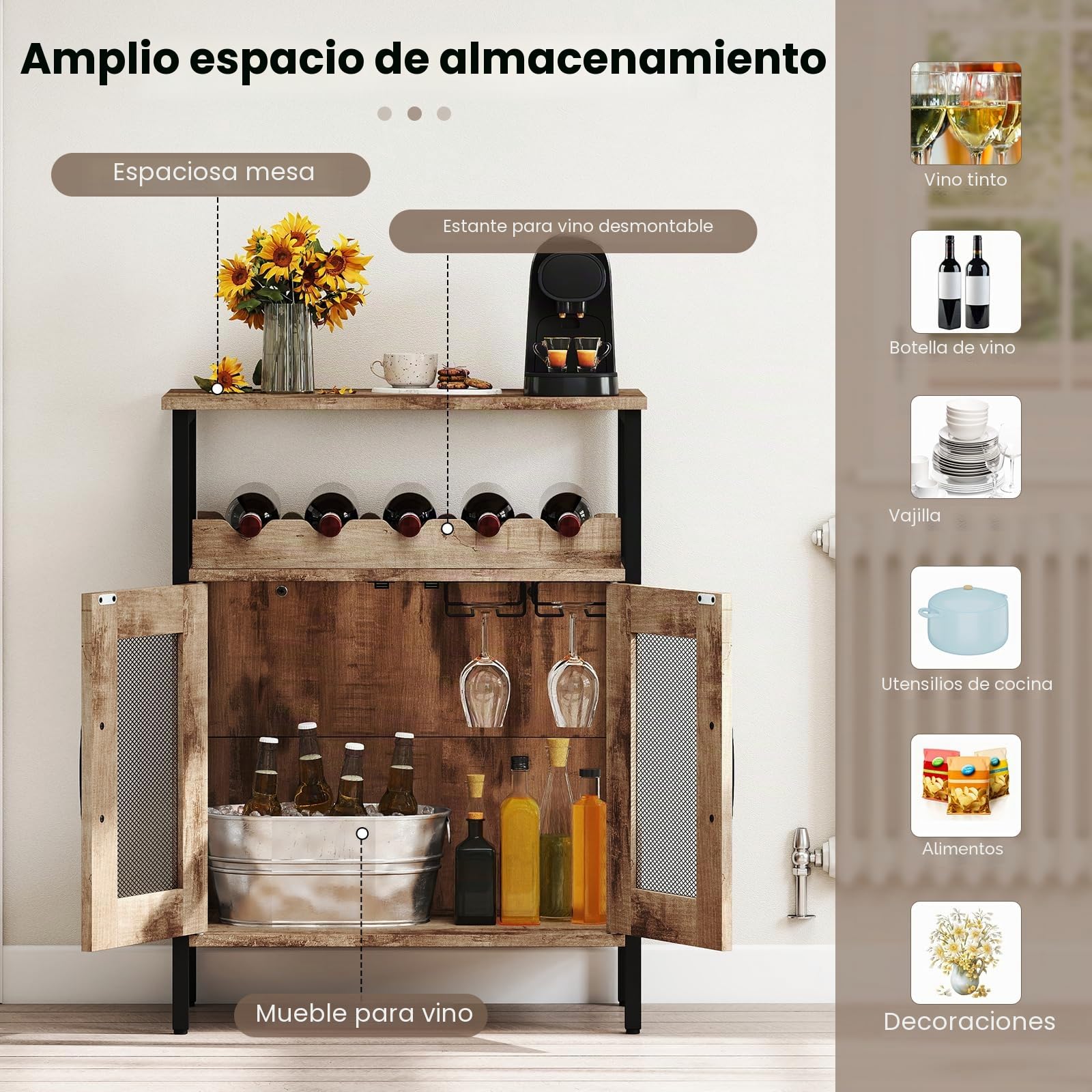 GIANTEX Aparador Cocina para Vinos, Armario con Portabotellas y Portavasos Extraíble, 60 x 34 x 79 cm, Mueble de Almacenamiento con Puertas de Malla de Metal, para Salón, Comedor, Bar (Gris)