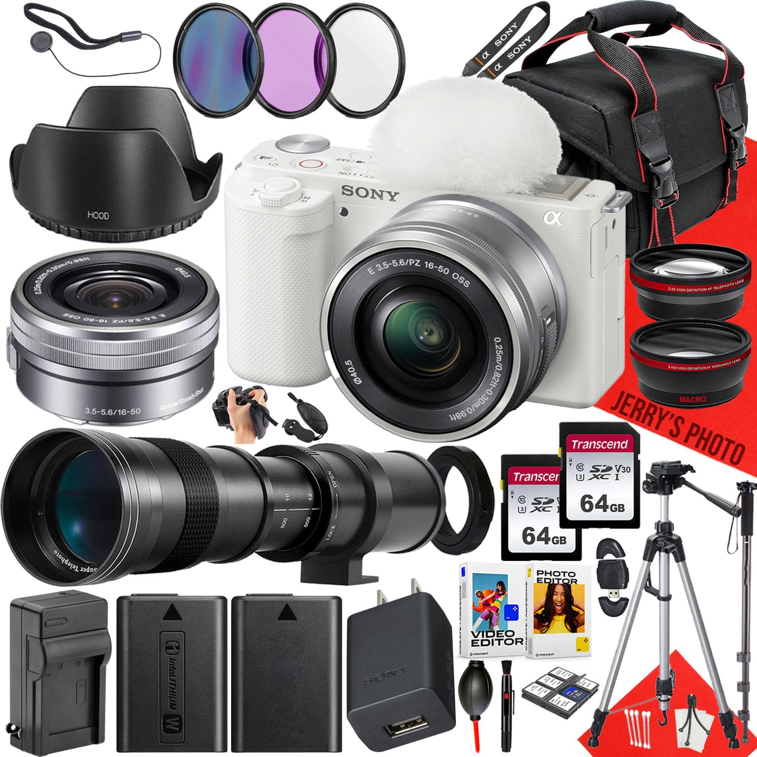 Sony ZV-E10 Mirrorless Camera (White) with Sony E PZ 16-50mm F/3.5-5.6 OSS Lens and 420-800mm f/8.3 HD Telephoto Zoom Lens + 2PC 64 GB Memory + Case + Extra Battery + More (34pc Bundle) (Renewed)