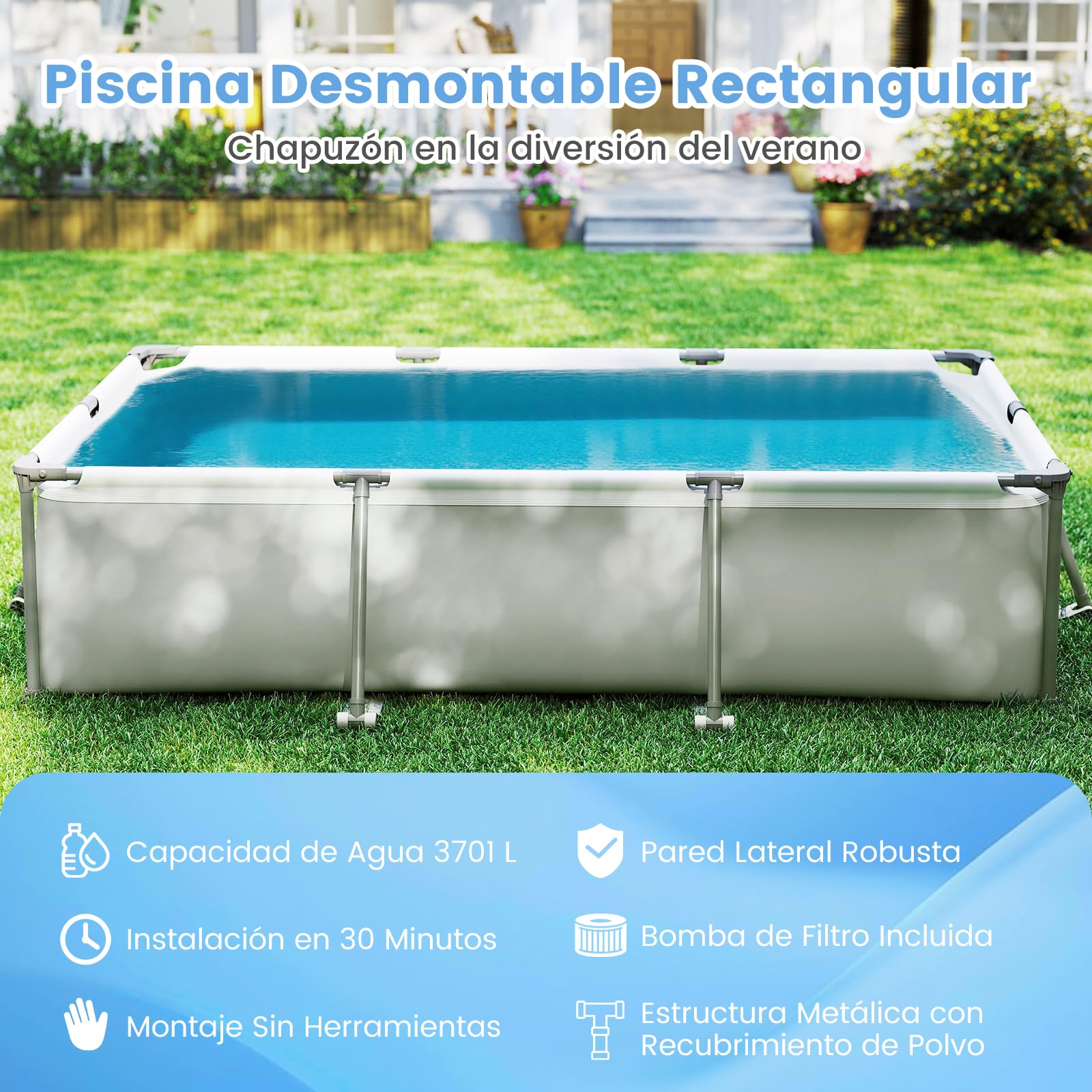 RELAX4LIFE Piscina Desmontable Rectangular 3701L con Estructura Metálica Revestida, Paredes PVC de 3 Capas, Depuradora y Bomba para 3-5 Personas, Piscina Rectangular para Niños, Montaje Rápido (Gris)