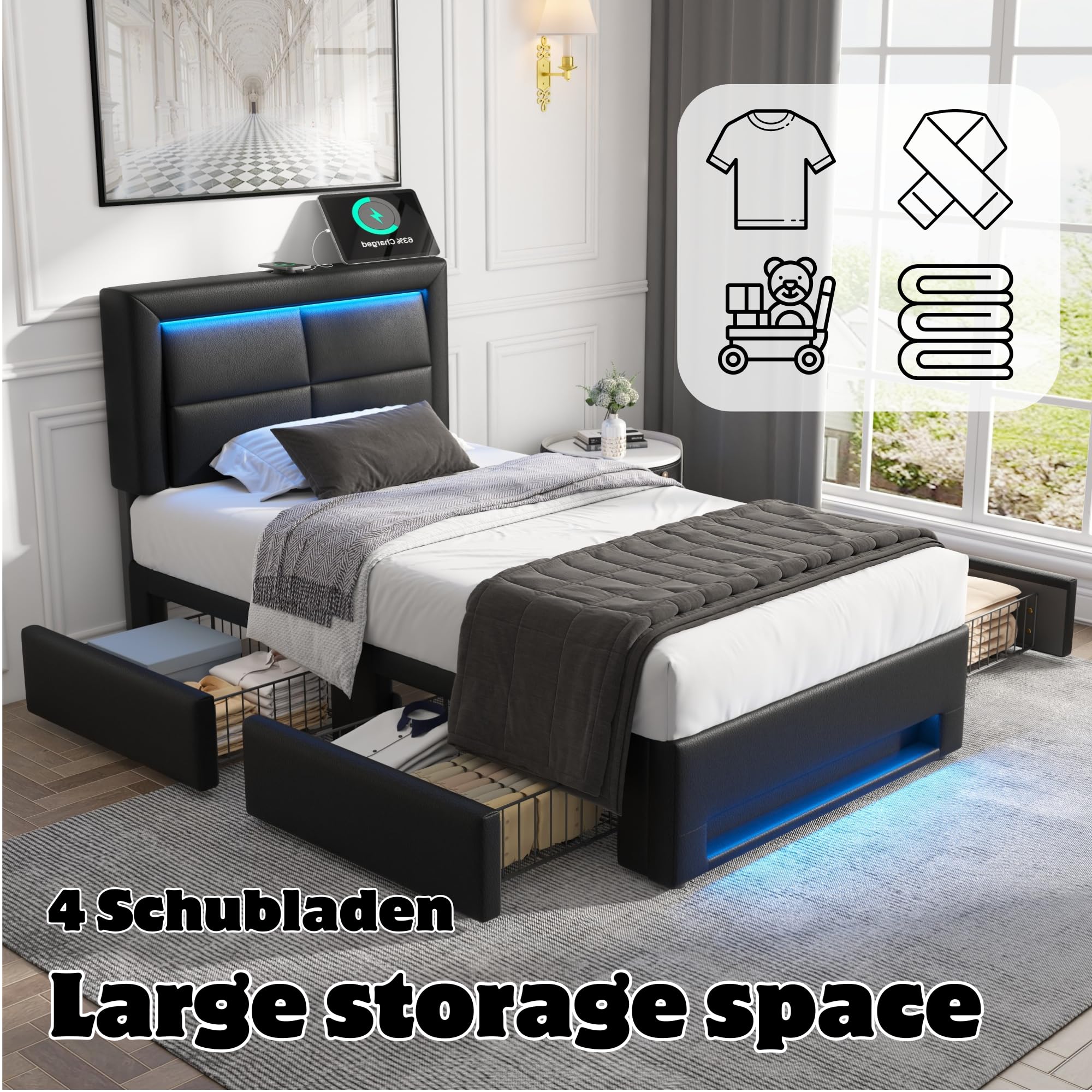 Cama 90 x 190 cm con LED y USB (soporta inalámbrica), cama tapizada de 90 x 190 cm con 4 cajones y cabecero, cama individual con somier, cama de almacenamiento, cama juvenil moderna estructura de