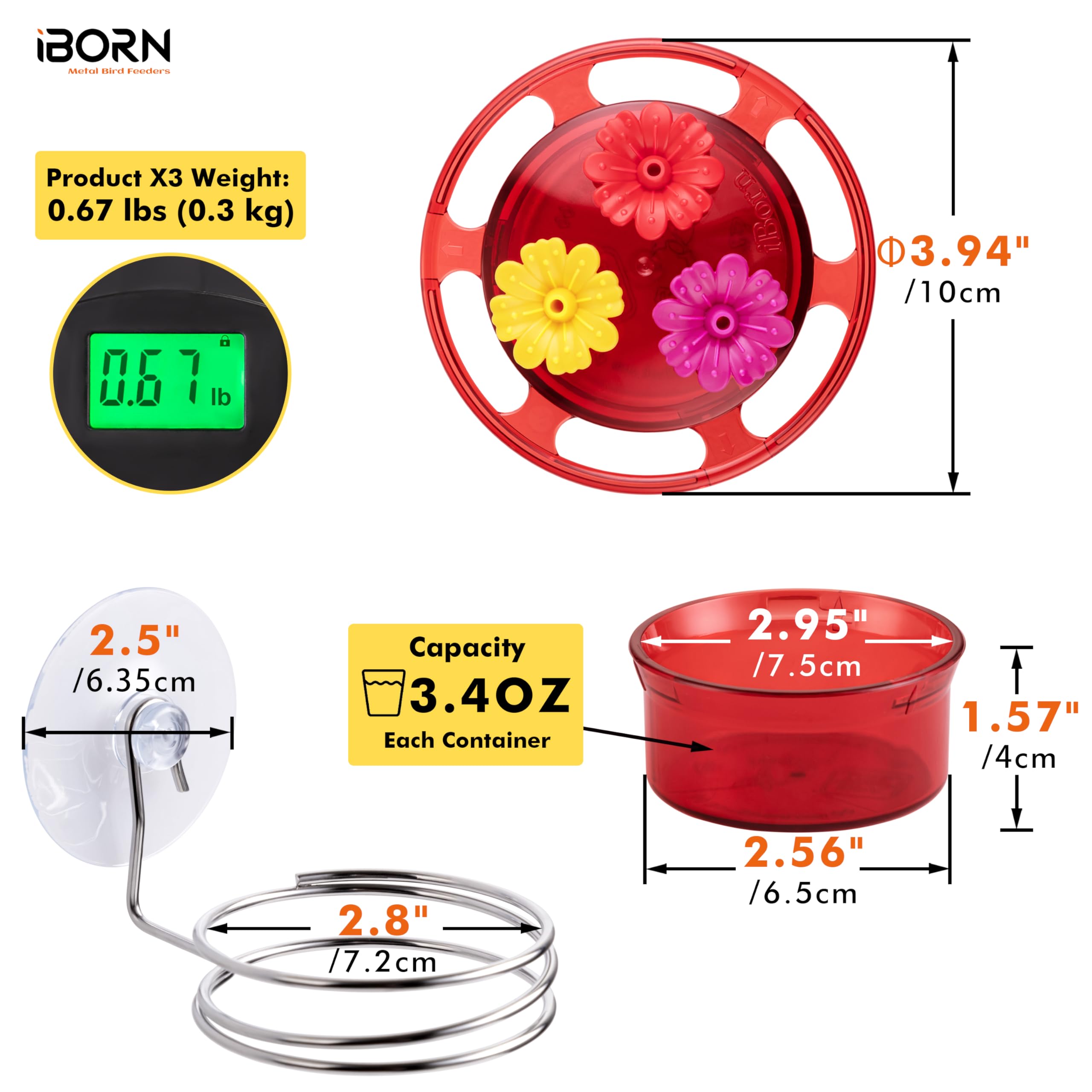 iBorn Mangiatoia per colibrì da finestra, mini mangiatoia per colibrì per esterni, 85 g, con forte ventosa, 3 porte di alimentazione e base in acciaio inossidabile, set da 3