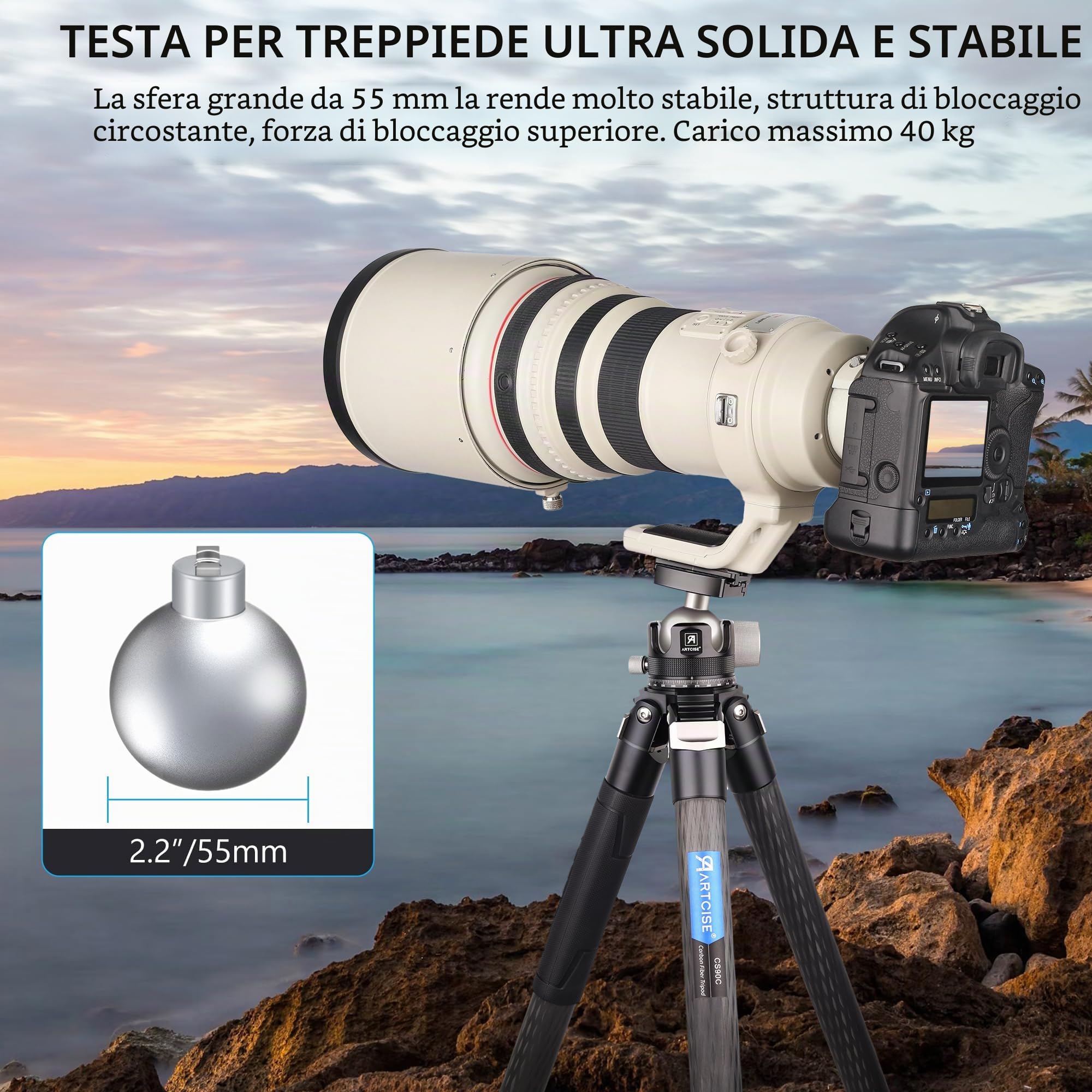 Testa a sfera a basso profilo da 55 mm, testa per treppiede per impieghi gravosi ARTCISE KB55 interamente in metallo con 3 piastre a sgancio rapido da 1/4" per treppiede, DSLR, carico massimo 40 kg