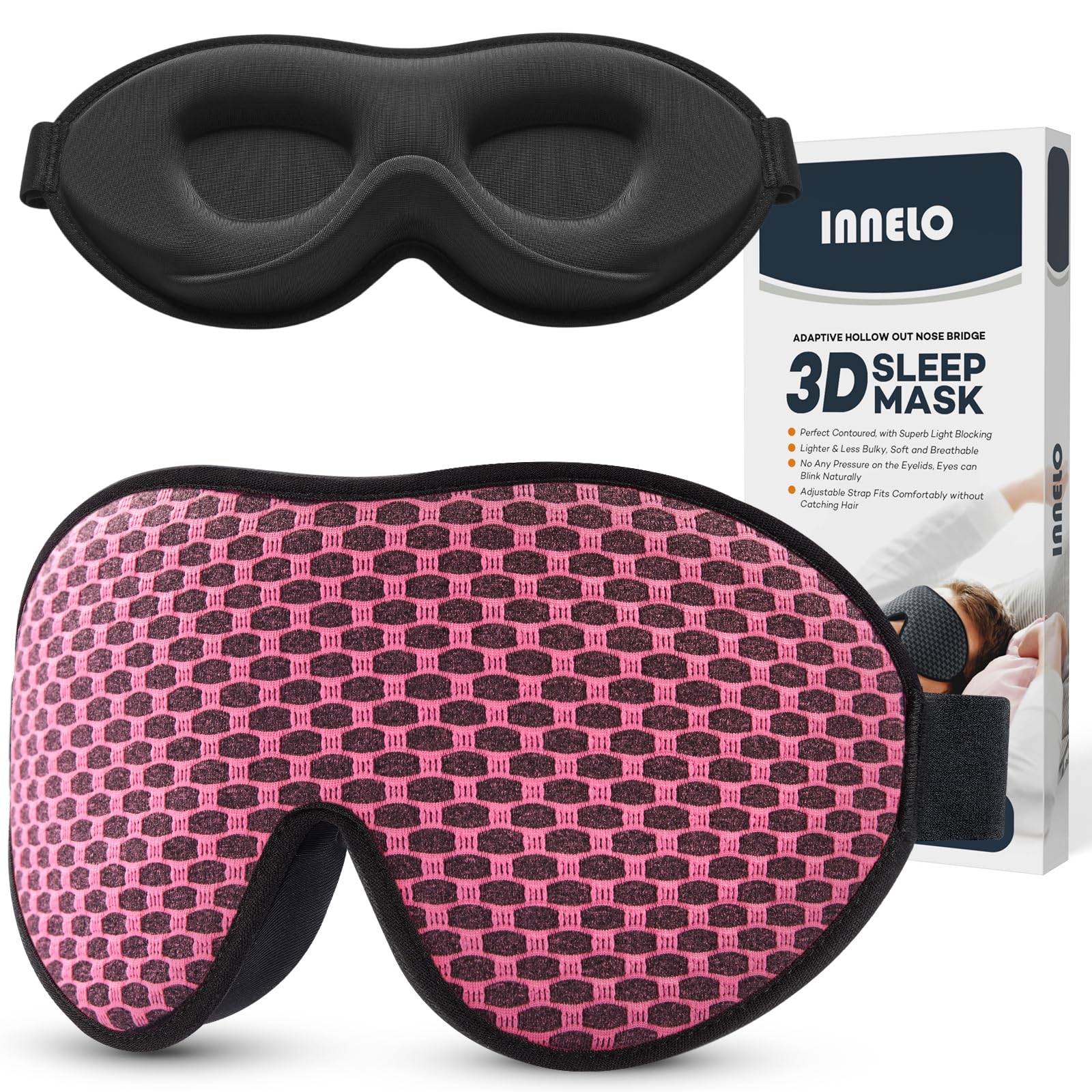 Maschera per dormire 3D sagomata per donne uomini, efficace blocco della luce per dormire morbida benda notturna con cinturino regolabile (rosa