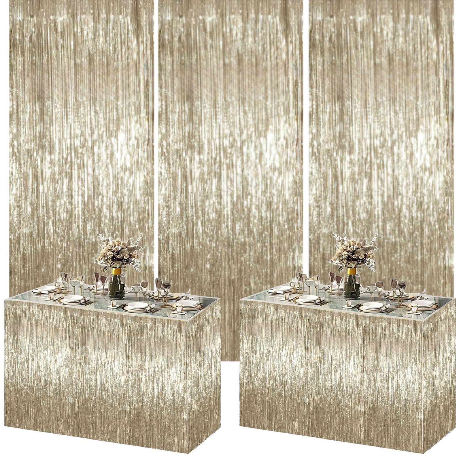 Lot de 5 rideaux à franges en feuille d'aluminium champagne doré et jupe de table à franges pour anniversaire, mariage, fête prénatale, remise de diplôme