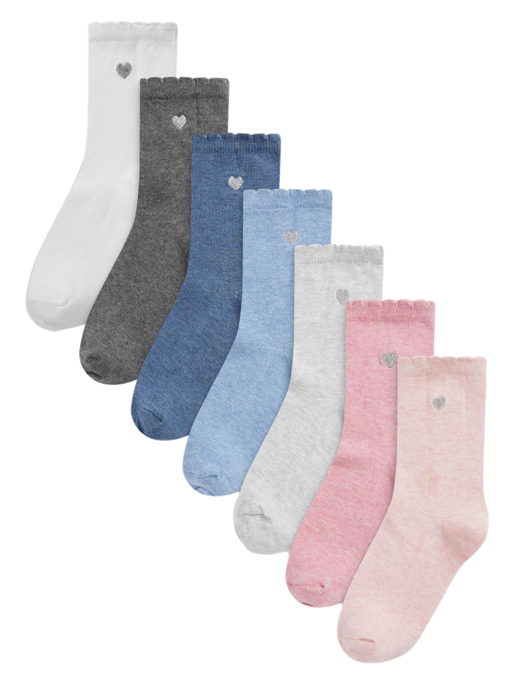 NEXT Fille Lot de 7 paires de chaussettes de sport enrichies en coton avec cœur brodé Multi-couleurs 31-36