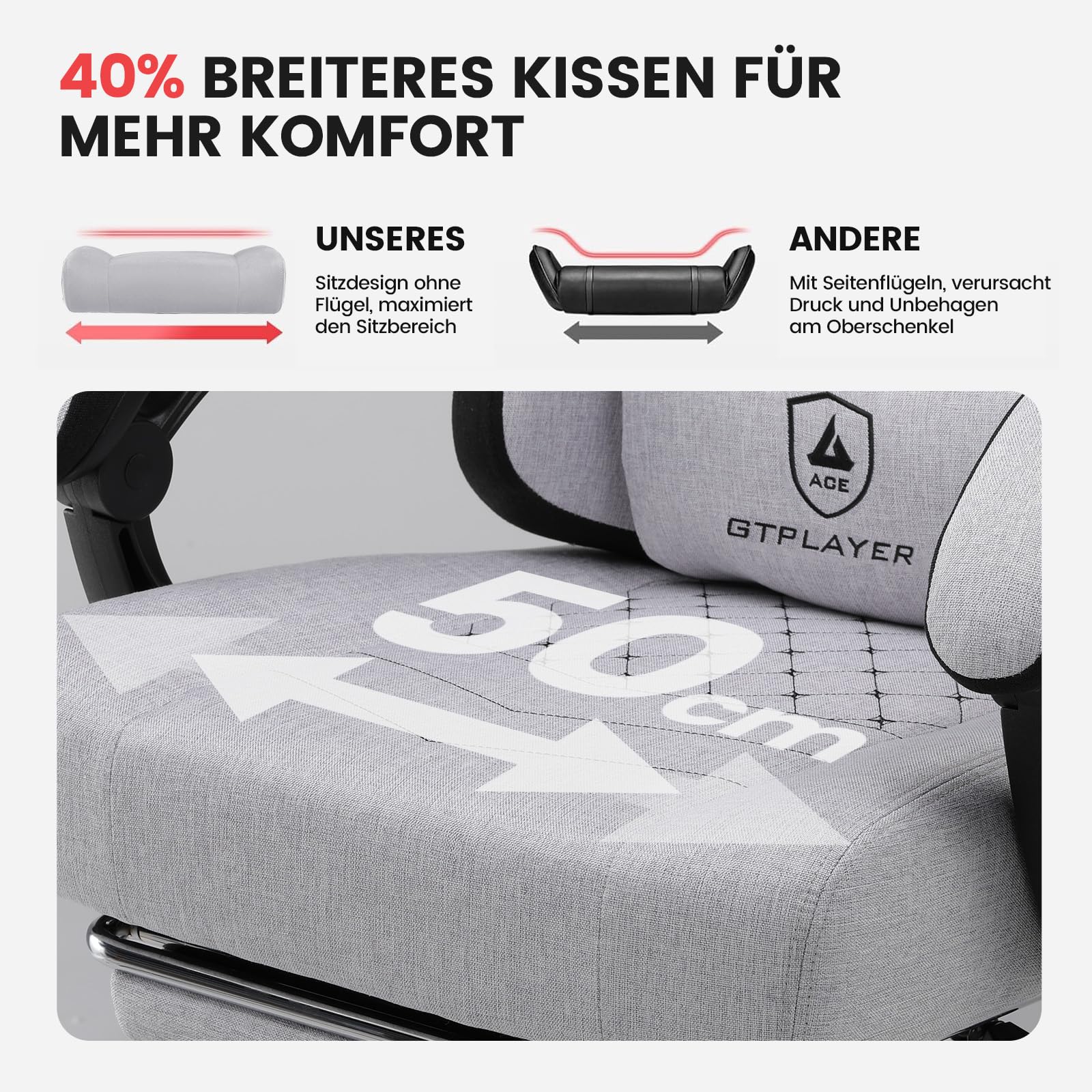GTPLAYER Gaming Stuhl Stoff, Gaming Sessel mit Taschenfederkissen, ergonomischer Drehstuhl, Gamer Stuhl mit Fußstütze,150 kg Belastbarkeit, hellgrau