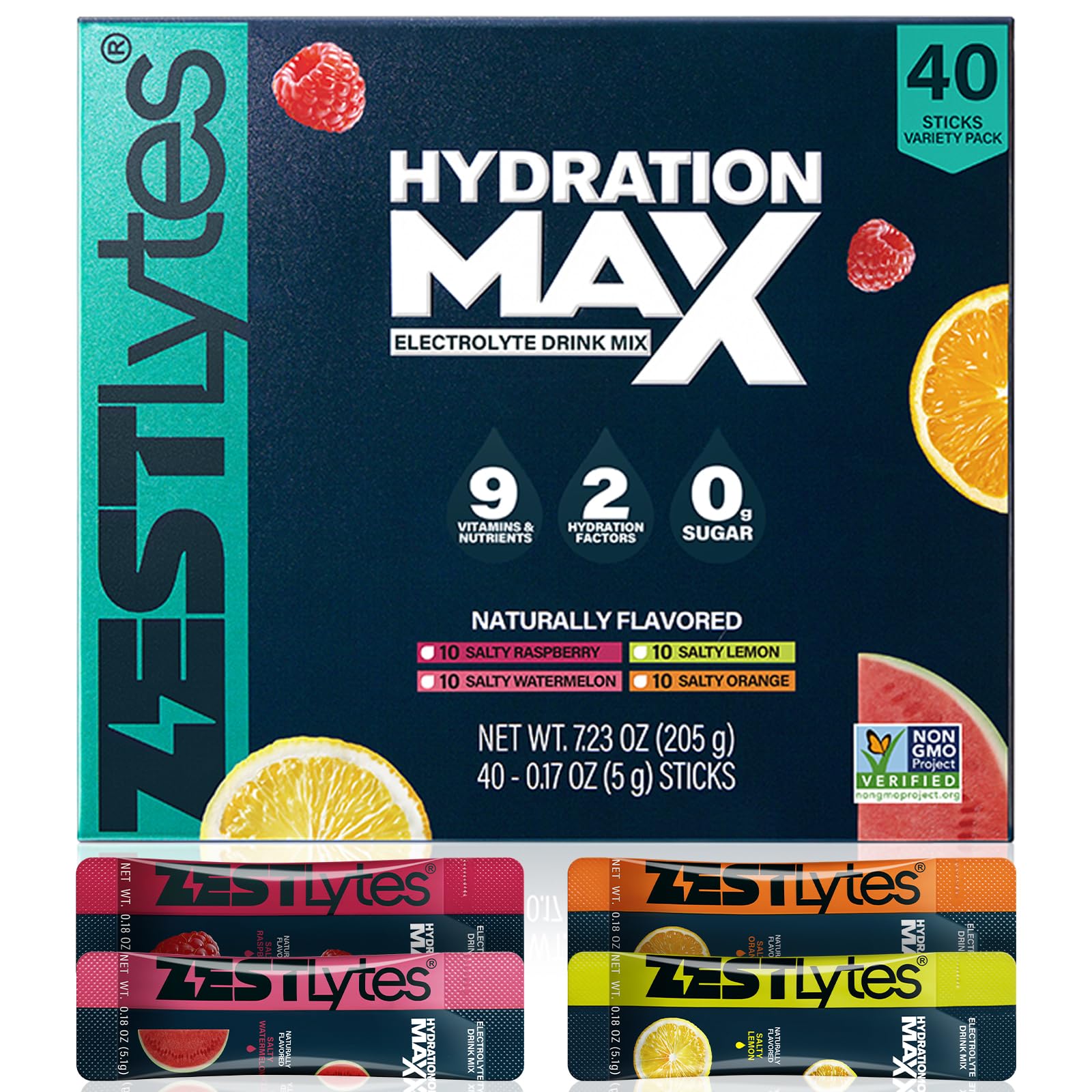 40 Sticks Salty Fruit Sugar Free Electrolyte Hydration Packets, High Sodium Low Calorie Electrolyte Powder Drink Mix