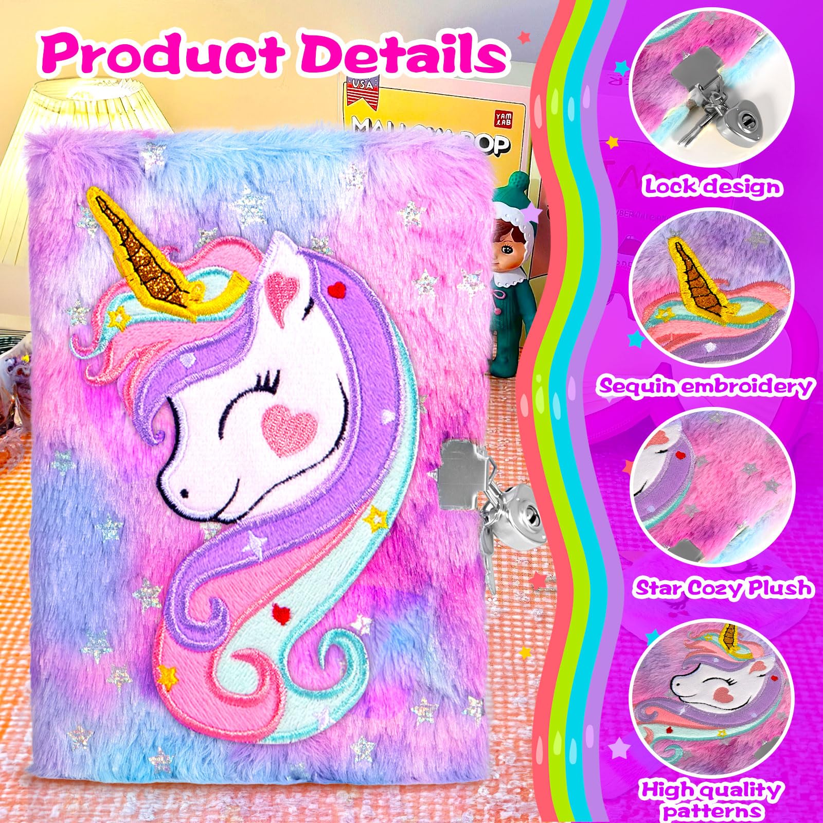 Set di 4 Diario Segreto Bambina con Lucchetto, Peluche Quaderno con Chiave e Lucchetto, 160 Pagine A5 Unicorno Diario Set con Portamonete e Astuccio e Penna, Regalo per Bambina 5-9 Anni