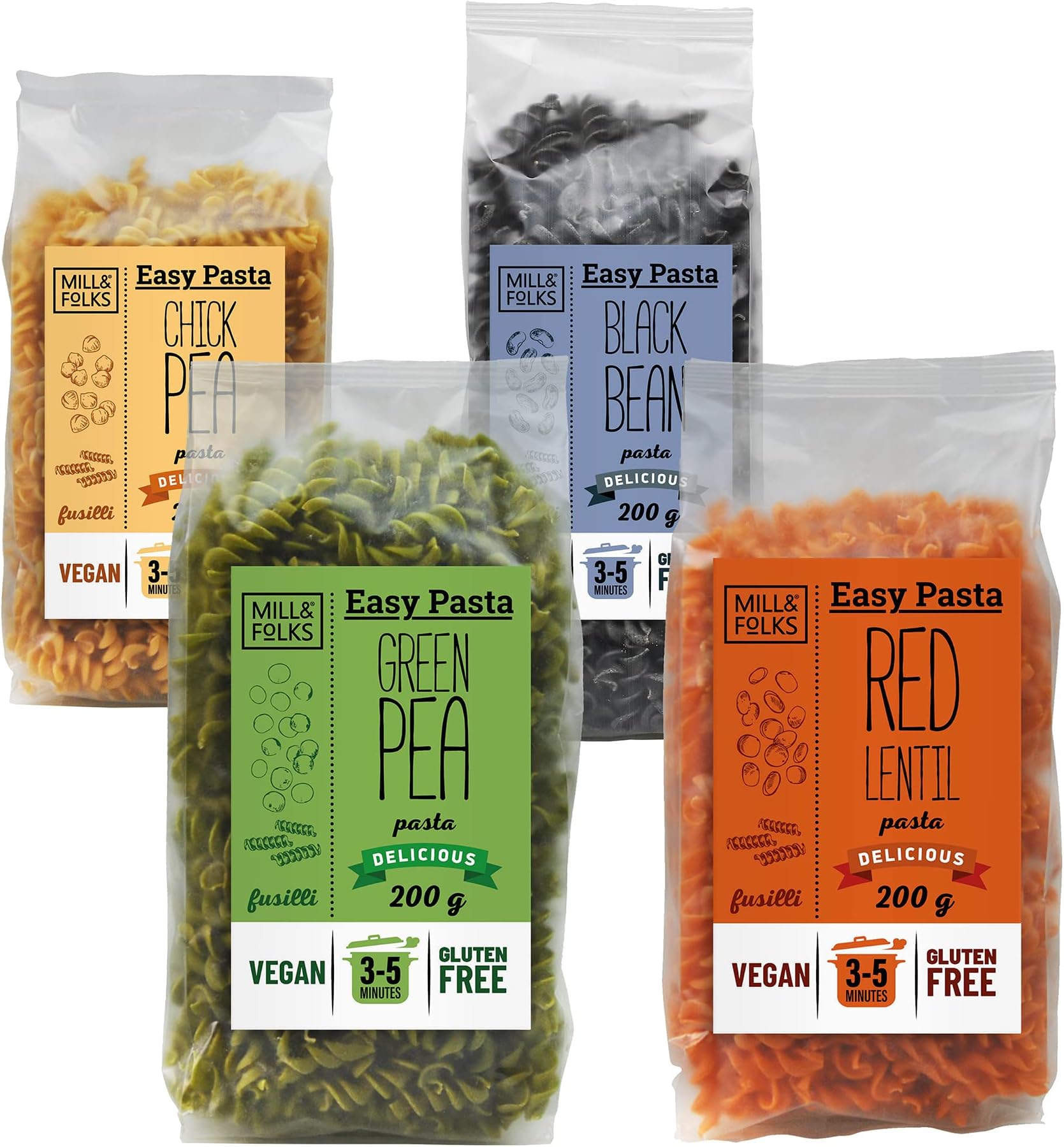 Mill & FolksEasy Pasta Legumes Fusilli Variety Pack 4x200g | Vegan & Gluten-free