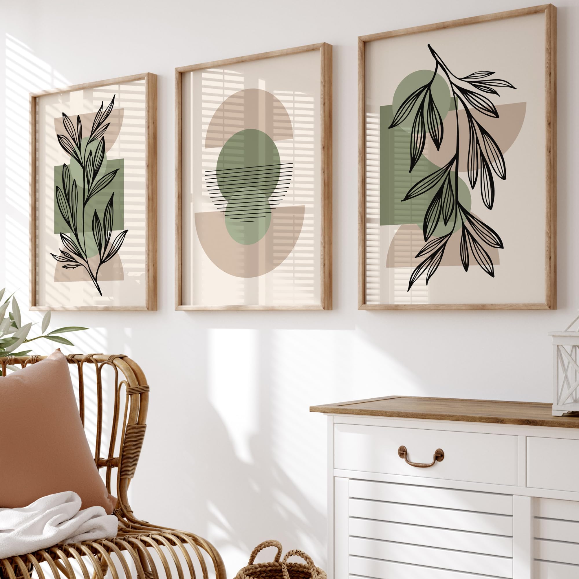 Set of 3 Sage Green & Taupe Abstract Wall Art Prints – A3 Modern Botanical Leaf Line Art & Geometric Shapes Gallery Wall Set – 250gsm Premium Paper – Unframed