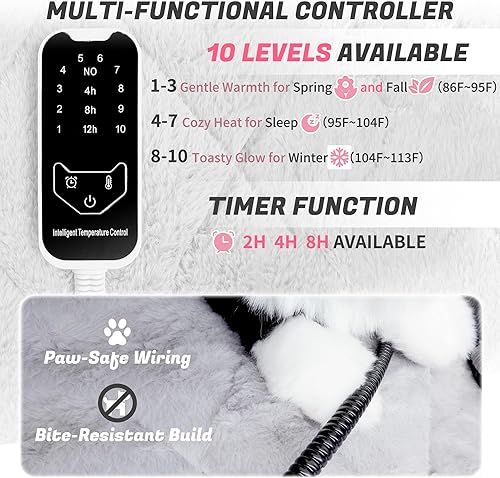 Miniatura 6 de NWK Cama térmica para gatos, versátil cama eléctrica para gatos con temperatura ajustable y temporizador de apagado automático, cable resistente a