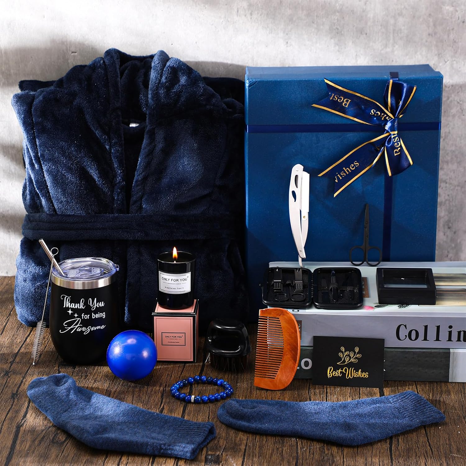 Nuogo 15 Pcs Birthday Gifts for Men Beard Care Set for Him Valentine's Day Gifts Basket Ideas Kit for Men Tumbler Bath Robe for Dad Husband Boyfriend Box(Navy) - Image 6
