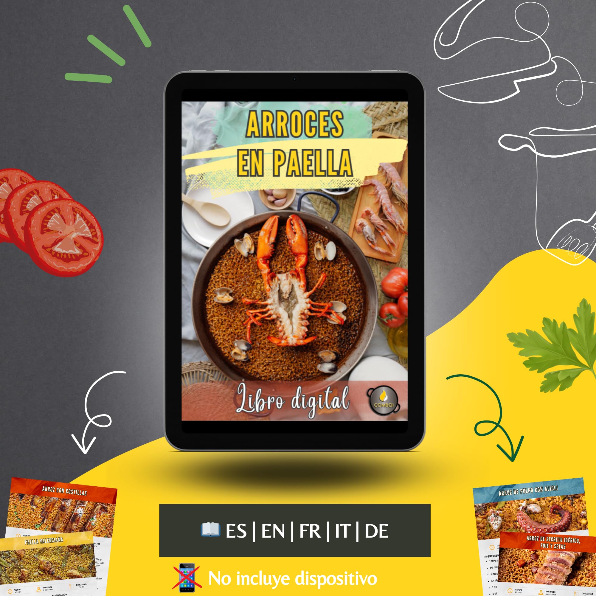 COMBOI Réchaud à paella à gaz butane de 70 cm, brûleur à 3 poignées indépendantes pour l'extérieur, compatible avec gaz butane et propane, fabriqué en Espagne, inclut un livre de recettes numérique