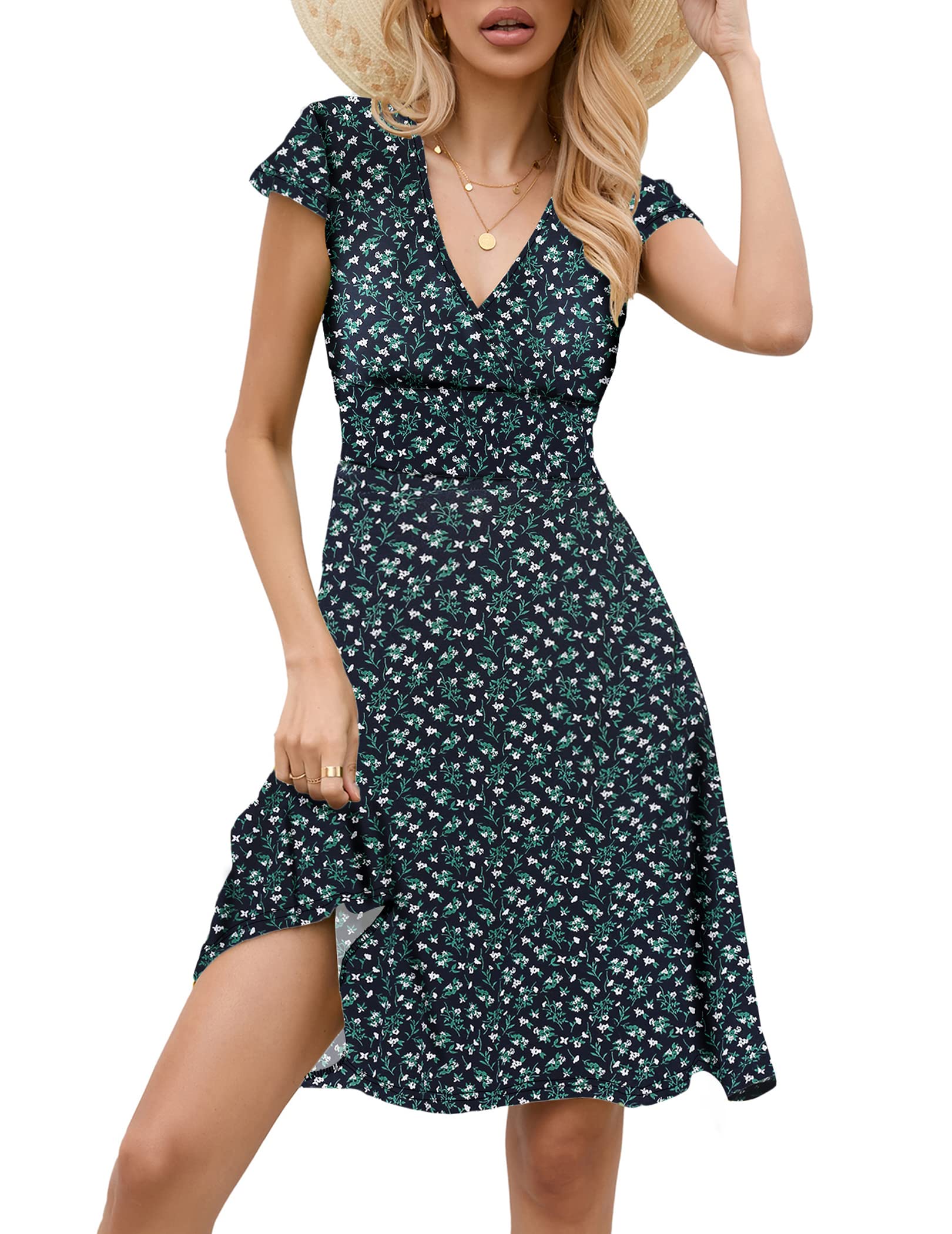Zeagoo - Abito da donna con scollo a V, elegante, a maniche corte, per il tempo libero, in jersey, lunghezza al ginocchio