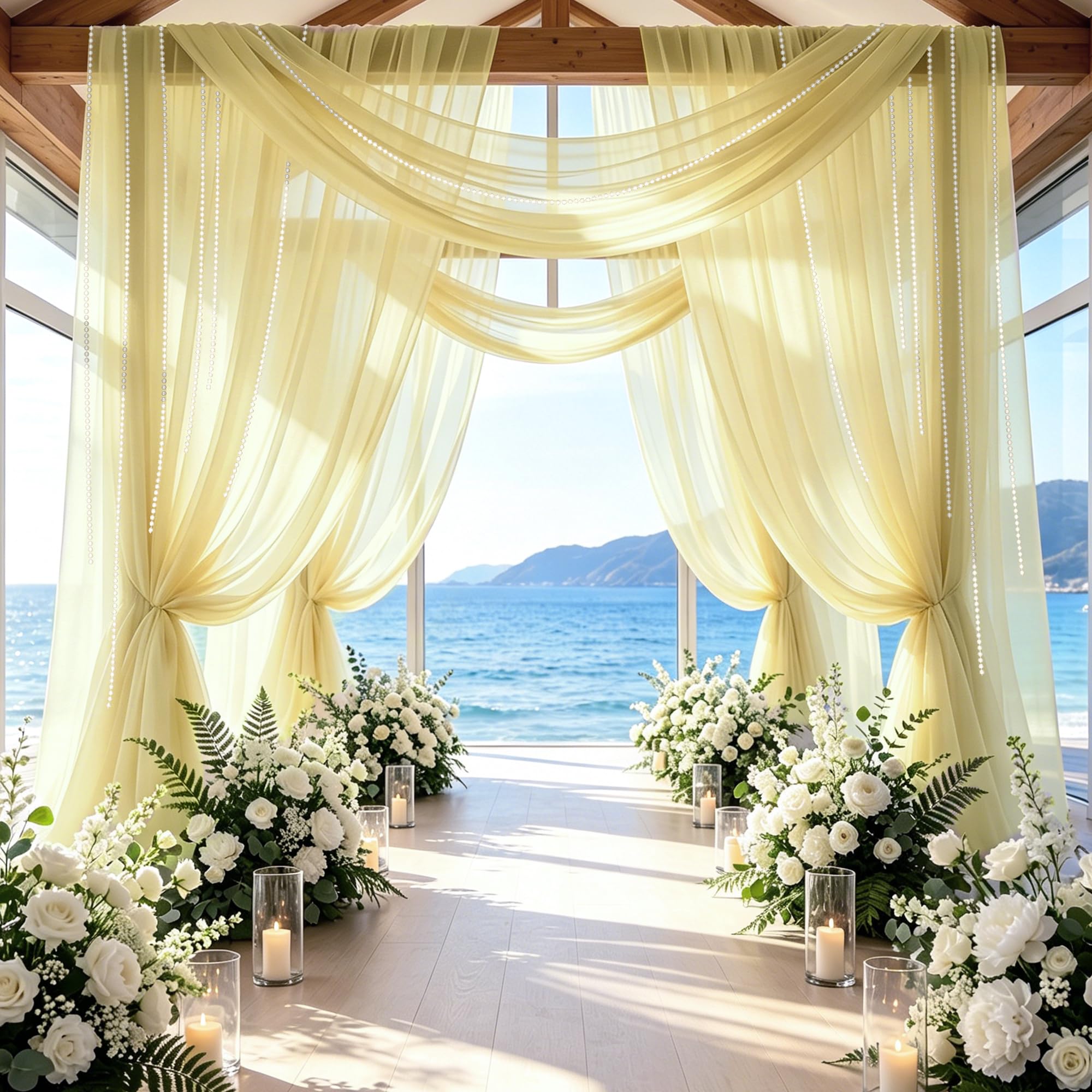Wedding Draping Fabric, Wedding Arch Drapery Backdrop Curtain with Bead String Decoration, Arch Backdrop Drapes Curtains for Ceremony Graduation Anniversary Celebration Party Decorations (Champagne)