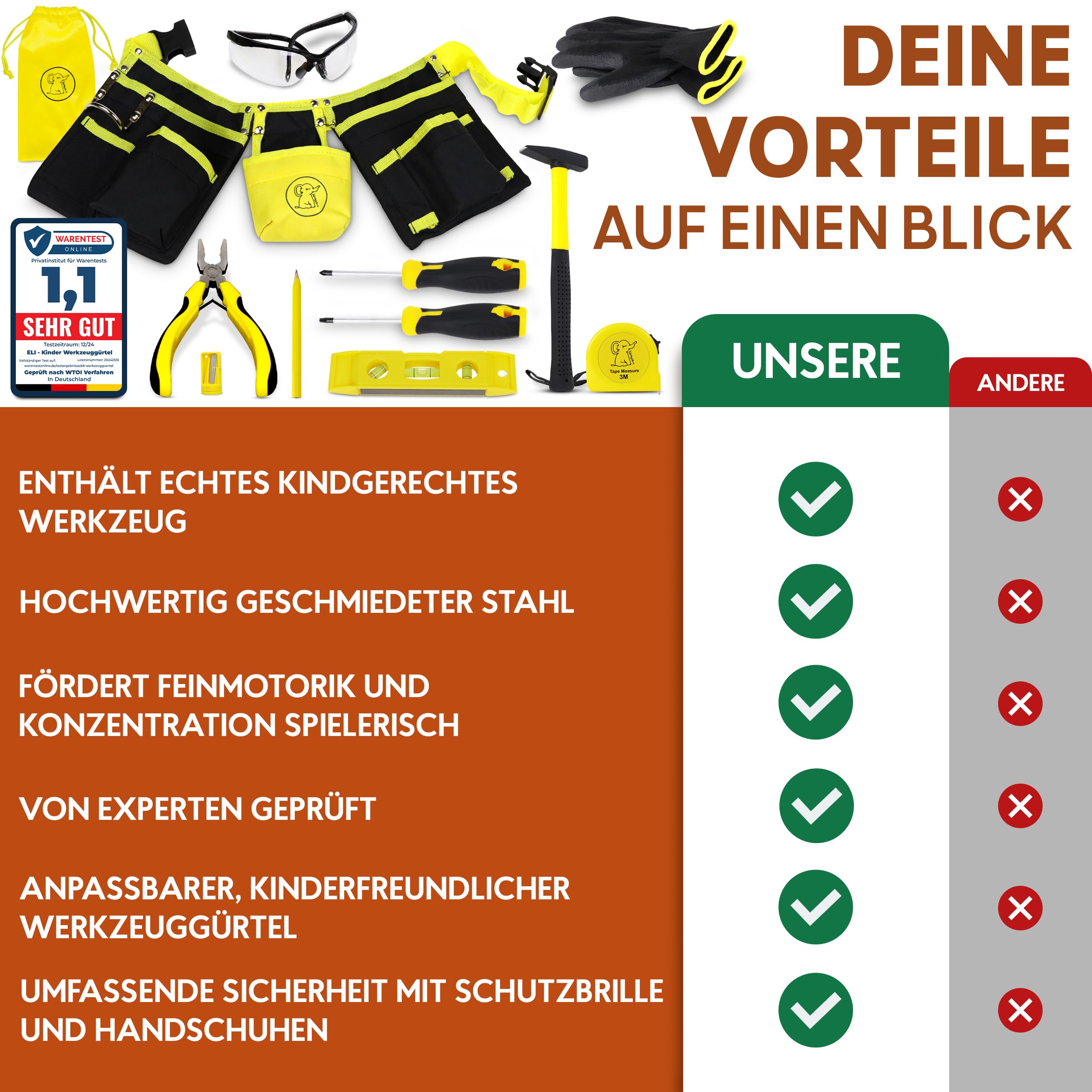 Eli® Werkzeuggürtel Kinder Set ab 6 Jahre - hochwertiges echtes Kinderwerkzeug - inkl. Hammer und Schutzbrille - Handschuhe - Multitool - Werkzeug für Baumeister - Bauarbeiter
