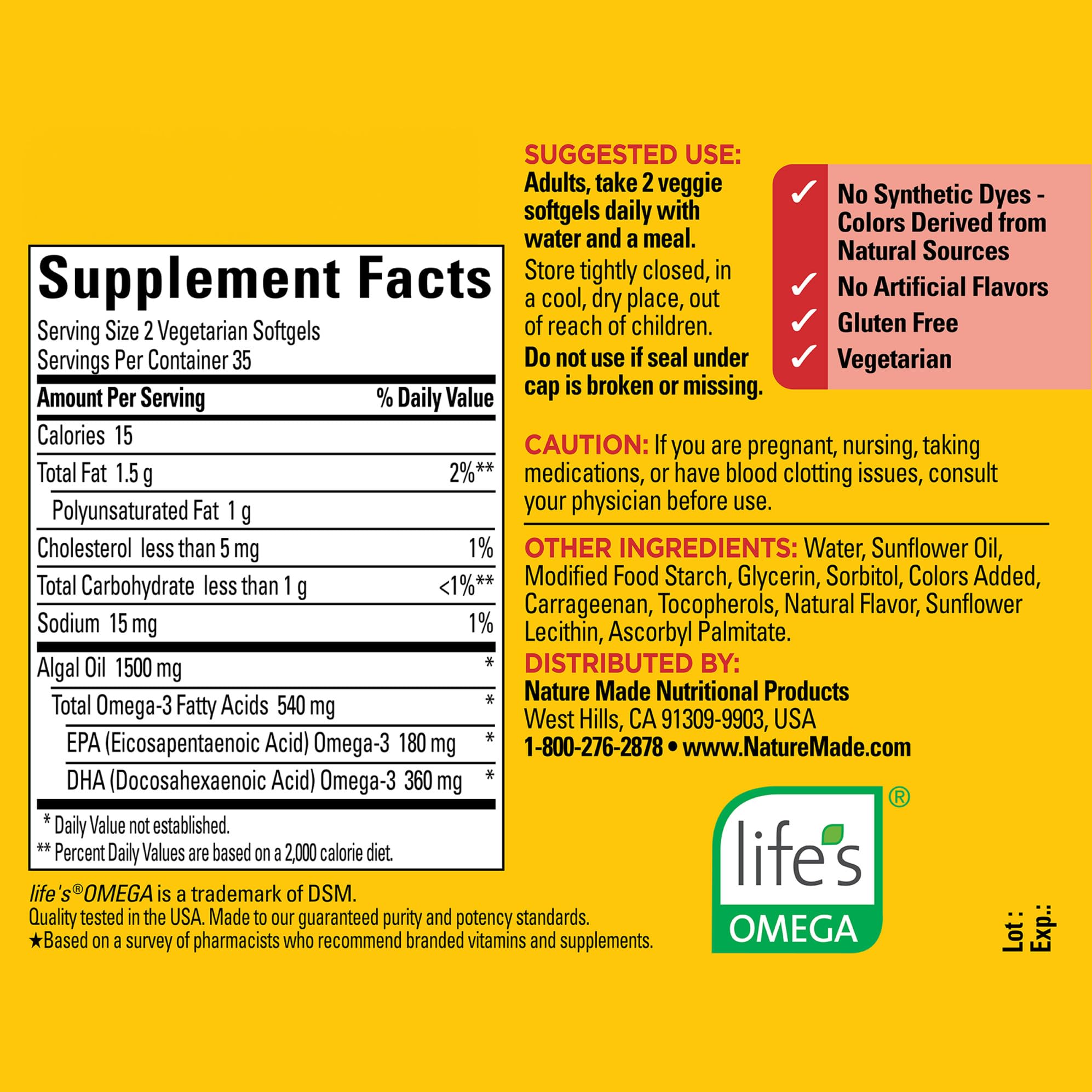 Nature Made Algae Oil Omega 3 Supplement 540mg, Omega 3 Fish Oil Alternative, 70 Veggie Softgels, Sustainable, Plant-Based, for Healthy Heart, Brain, and Eye Support, 70 Softgels