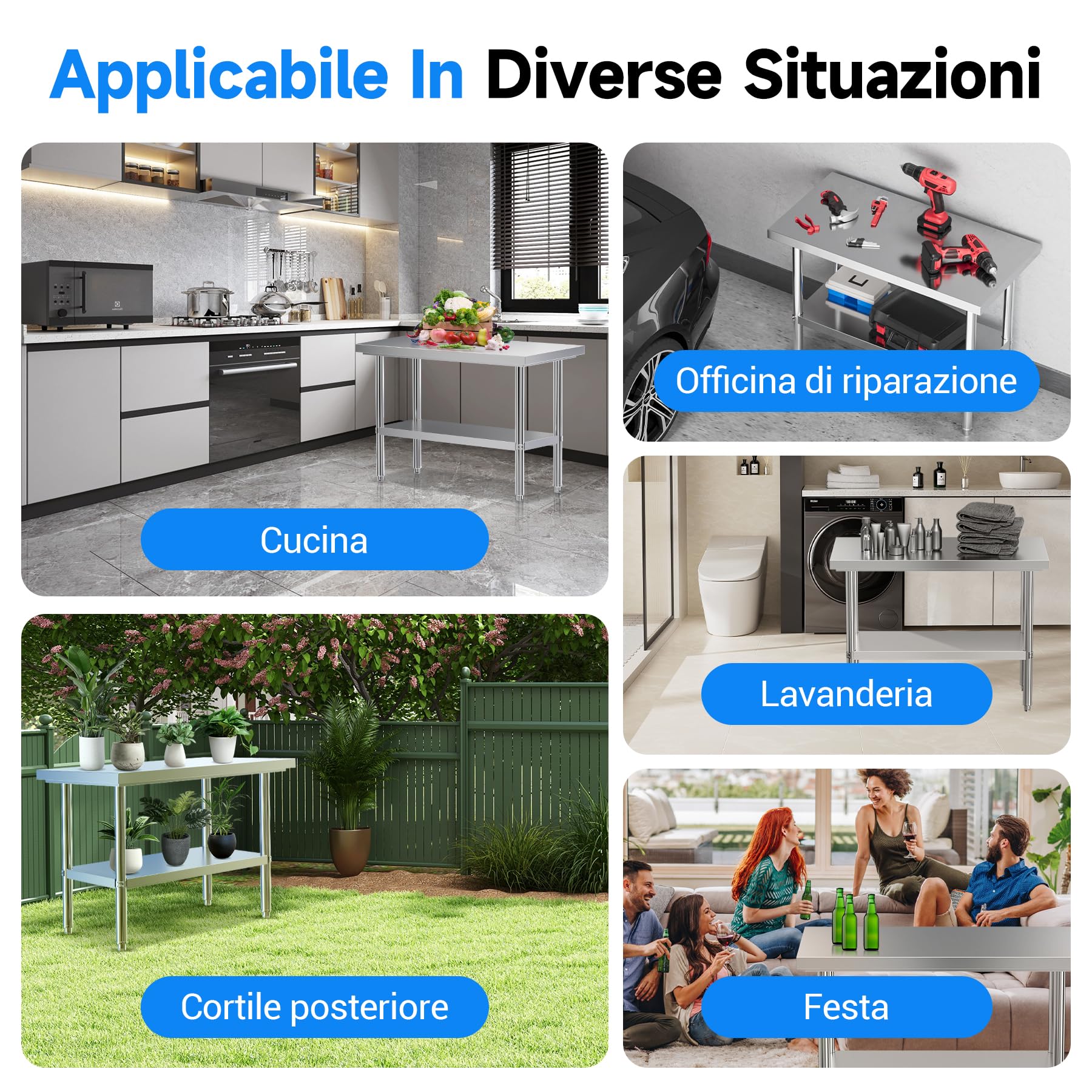 LEEVOT Tavolo da Cucina Professionale in Acciaio Inox, 2 Ripiani in Legno e Acciaio, per Cucine Professionali, Laboratori, Ristoranti e Bar, Capacità di Carico 150KG/100KG (120x80cm)